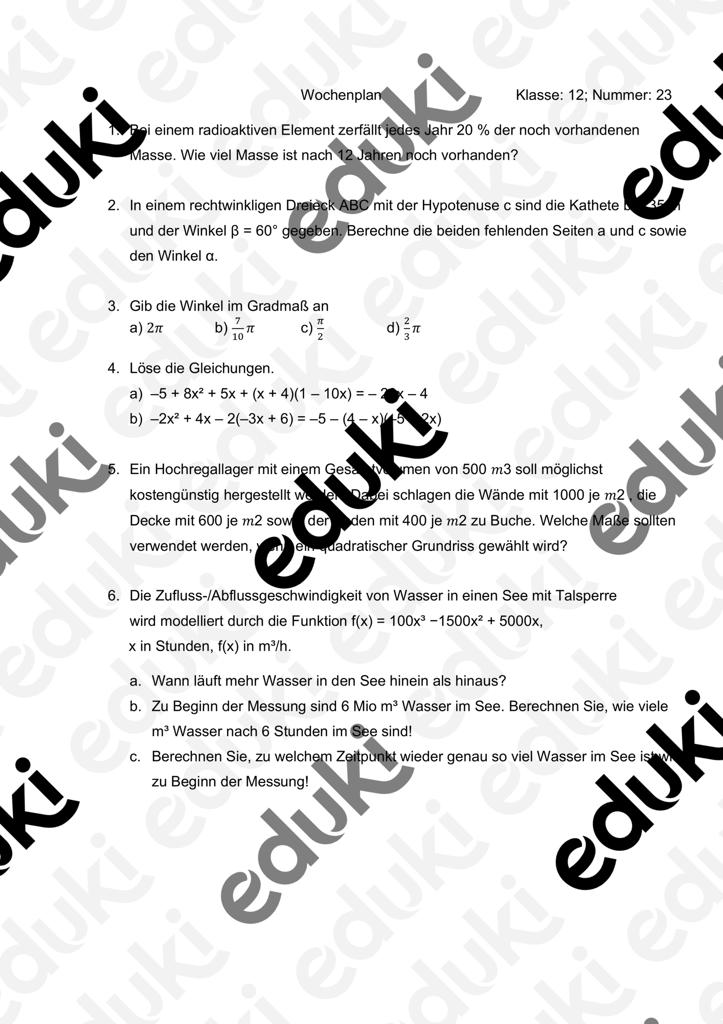 Wochenpläne für die 12. Klasse – Unterrichtsmaterial im Fach Mathematik