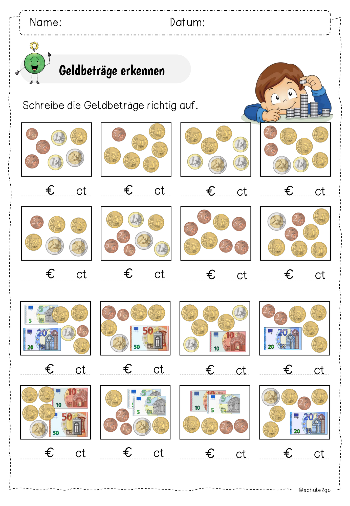 Geld / Euro und Cent / Arbeitsblatt – Unterrichtsmaterial im Fach