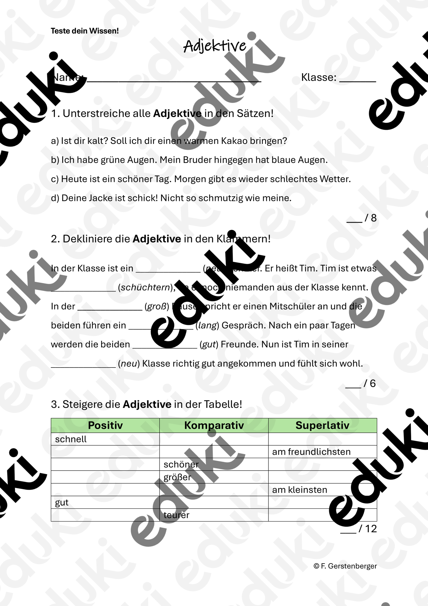 Teste dein Wissen! Adjektive (Klassenstufe 5/6) – Unterrichtsmaterial