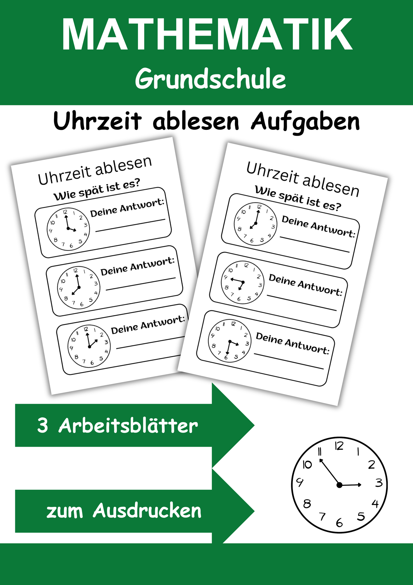 GRATIS Uhrzeit ablesen Aufgaben - Mathematik 1. bis 3. Klasse Uhrzeit
