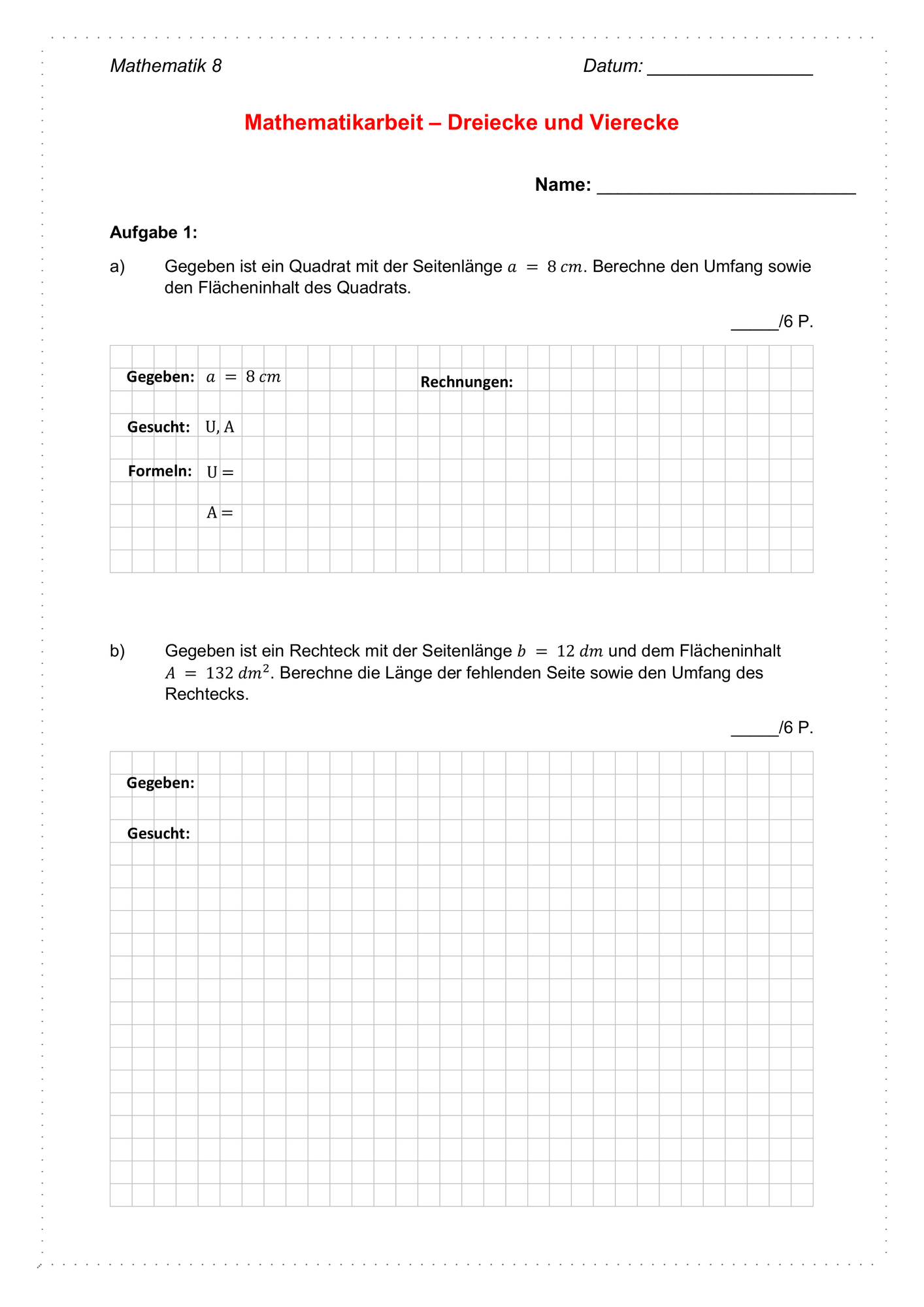 Klassenarbeit Dreiecke und Vierecke - Klasse 8 – Unterrichtsmaterial im