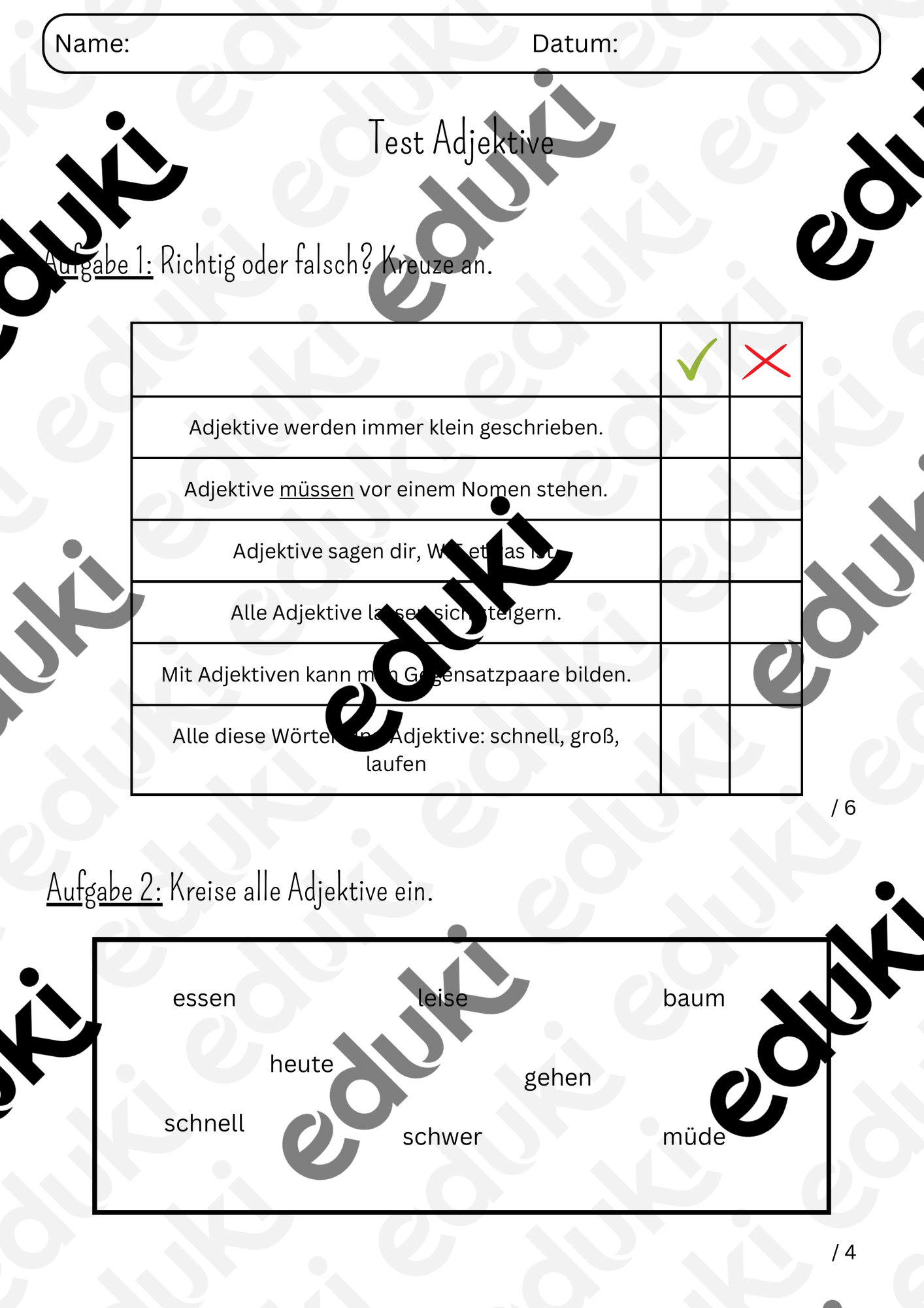 Adjektive Test – Unterrichtsmaterial im Fach DaZ/DaF