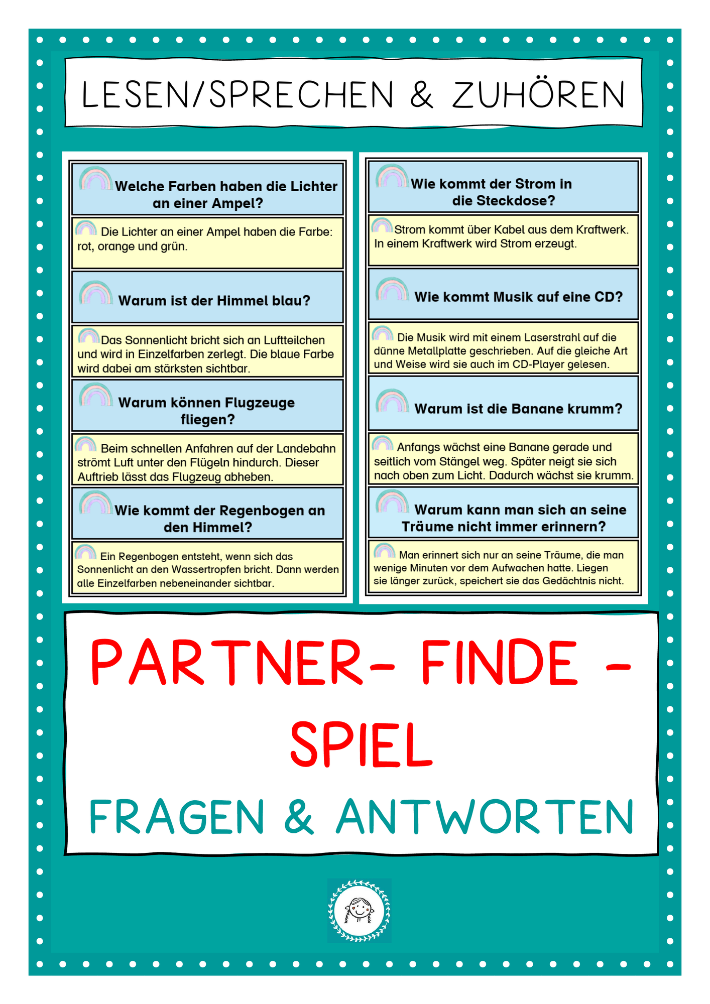 Partner- finde- Spiel. Fragen und Antworten. Lesespiel