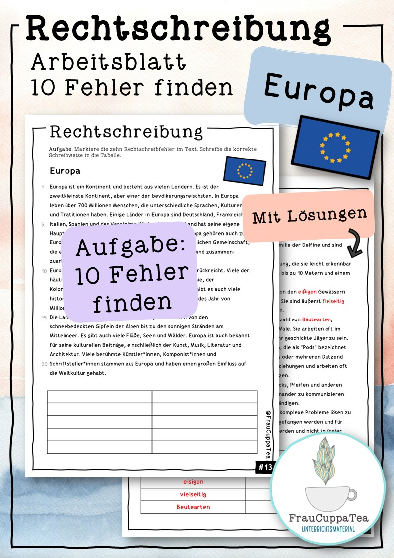 Arbeitsblatt Rechtschreibung "Europa" (10 Fehler finden) #13