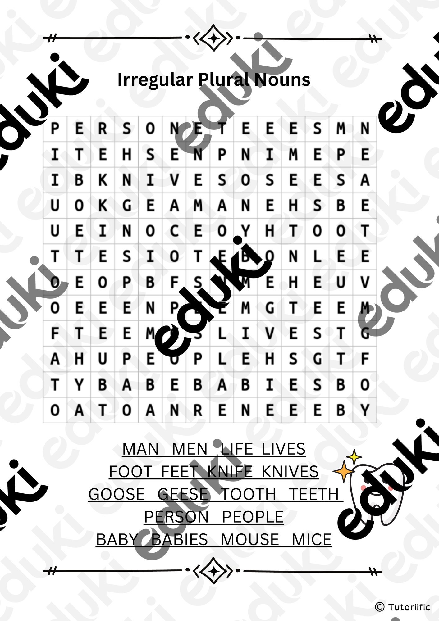 Irregular Plural Nouns Crossword 不规则复数名词的填字游戏和单词搜索 – 主题英语 的教材