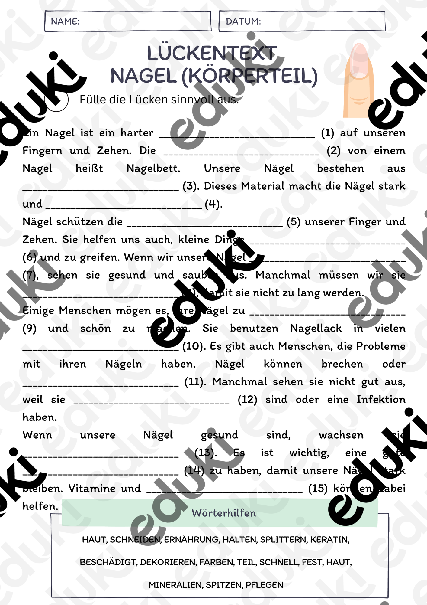 Lückentext - Nagel (Körperteil) + Lösungen – Unterrichtsmaterial im ...