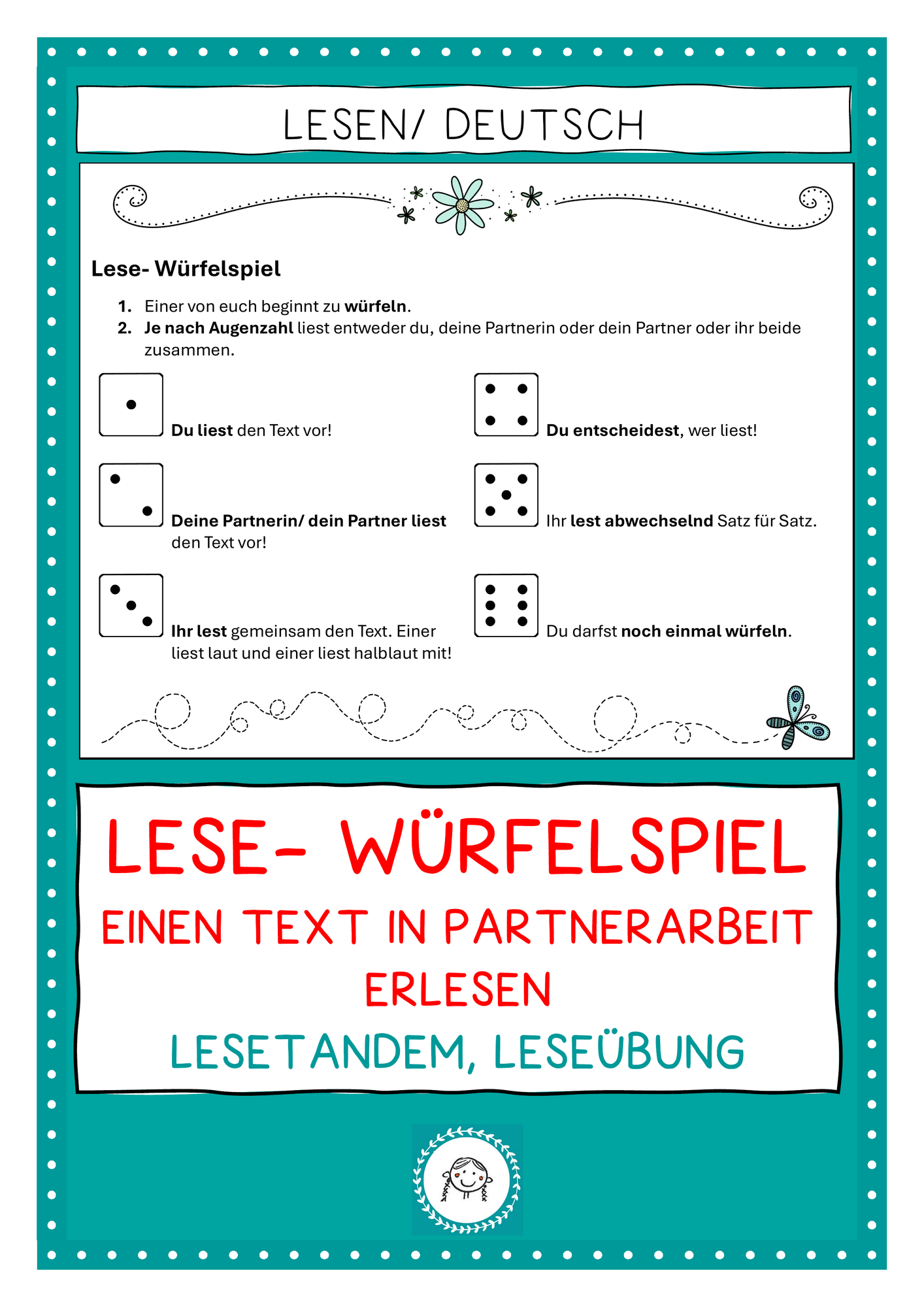 Lesetraining. Würfelspiel. Einen Text in Partnerarbeit erlesen