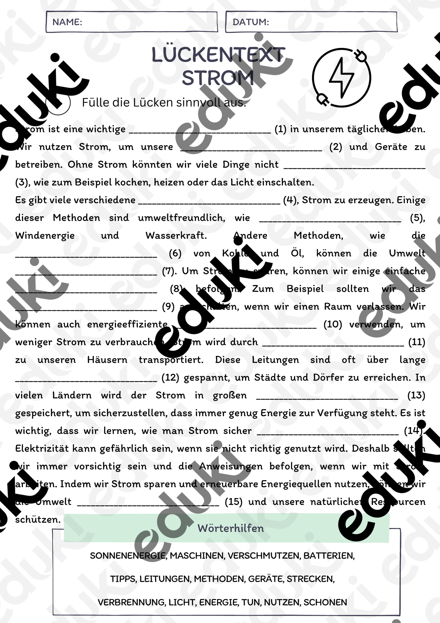 Lückentext - Strom + Lösungen – Unterrichtsmaterial im Fach Deutsch