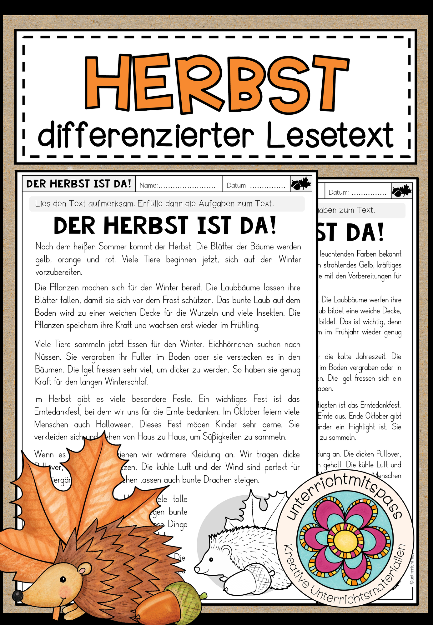 Der Herbst ist da! - Lesetext + Aufgaben (2-fach differenziert