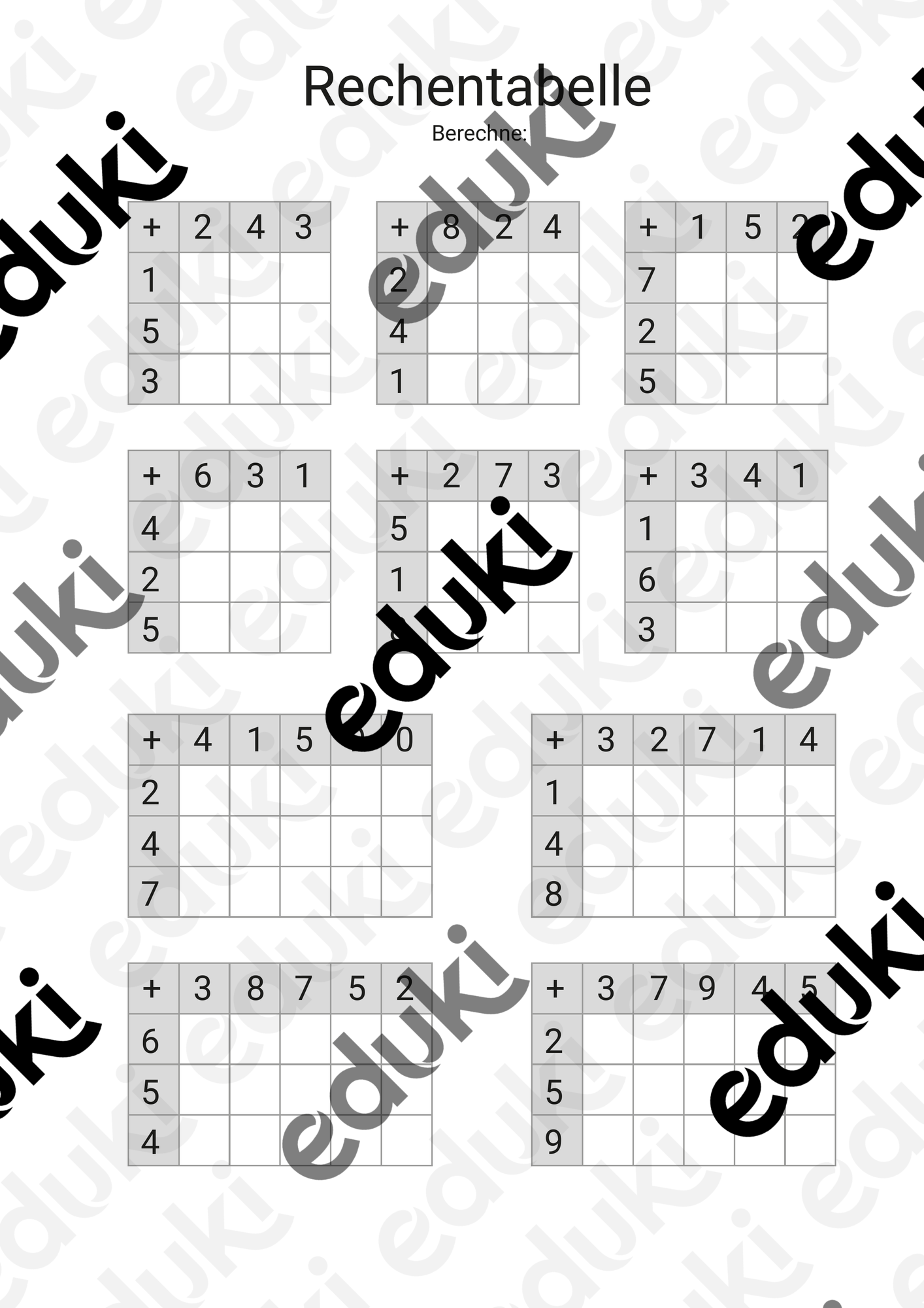 Rechentabelle Plusrechnen – Unterrichtsmaterial im Fach Mathematik