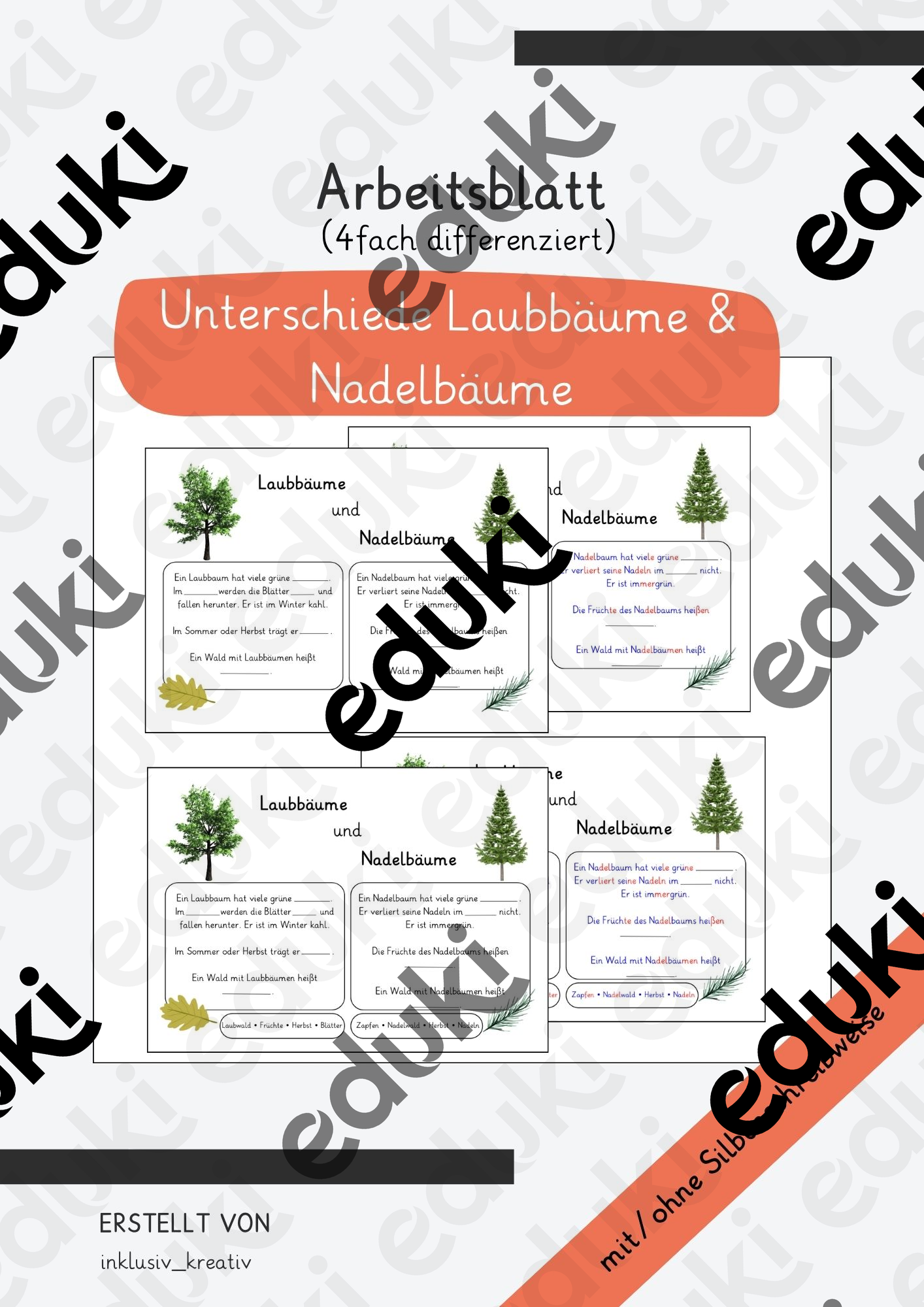 Arbeitsblatt Unterschiede Laubbäume Nadelbäume (Wald) 4fach