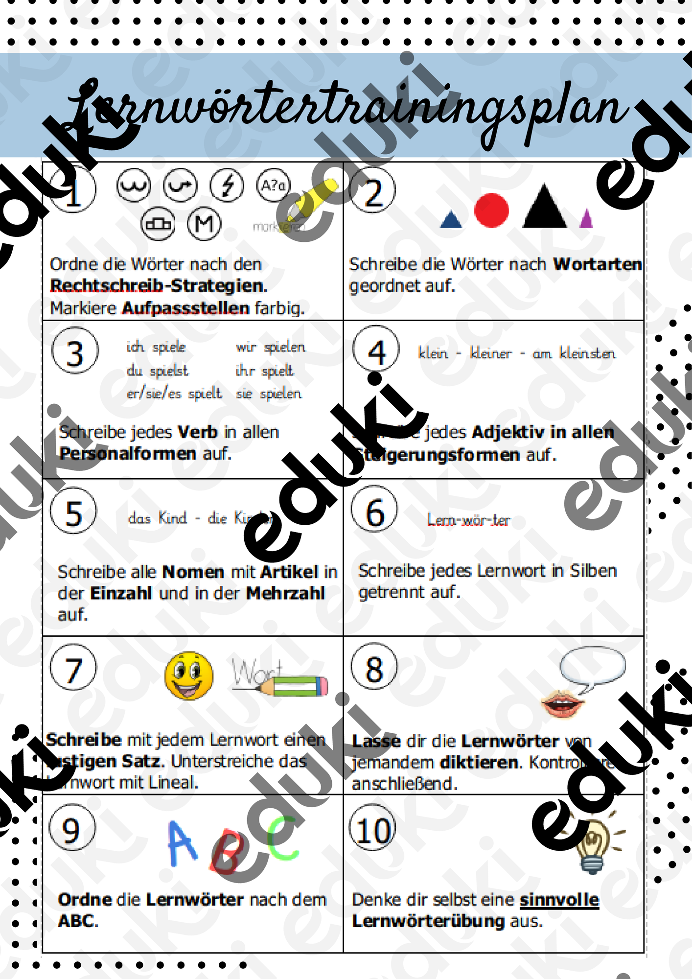 Lernwörtertrainingsplan – Unterrichtsmaterial im Fach Deutsch