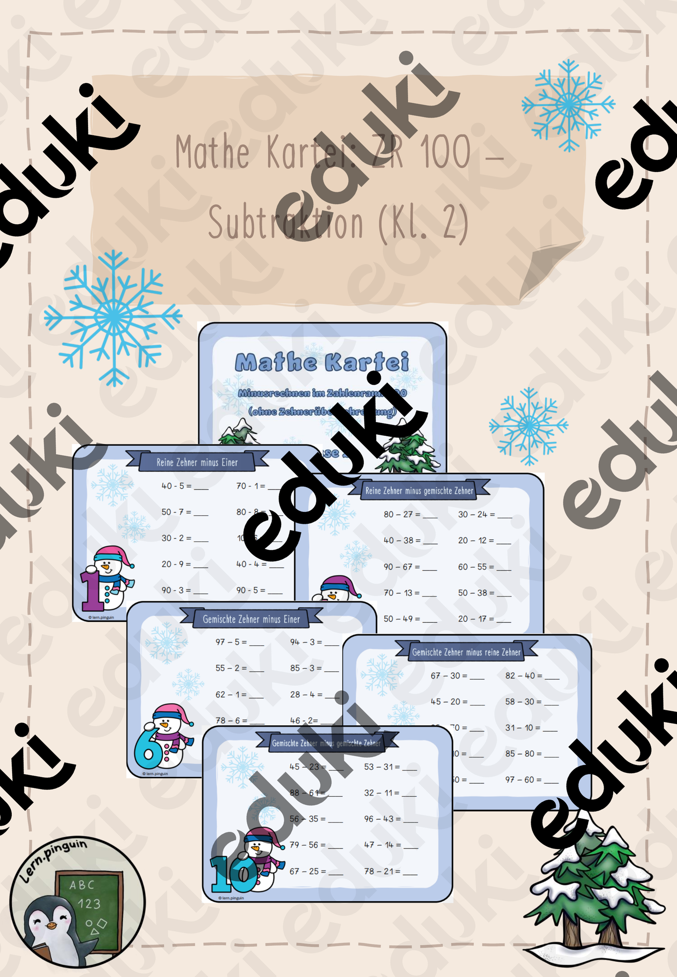 Winterliche Mathe Kartei ZR 100 Minusrechnen (Kl.2