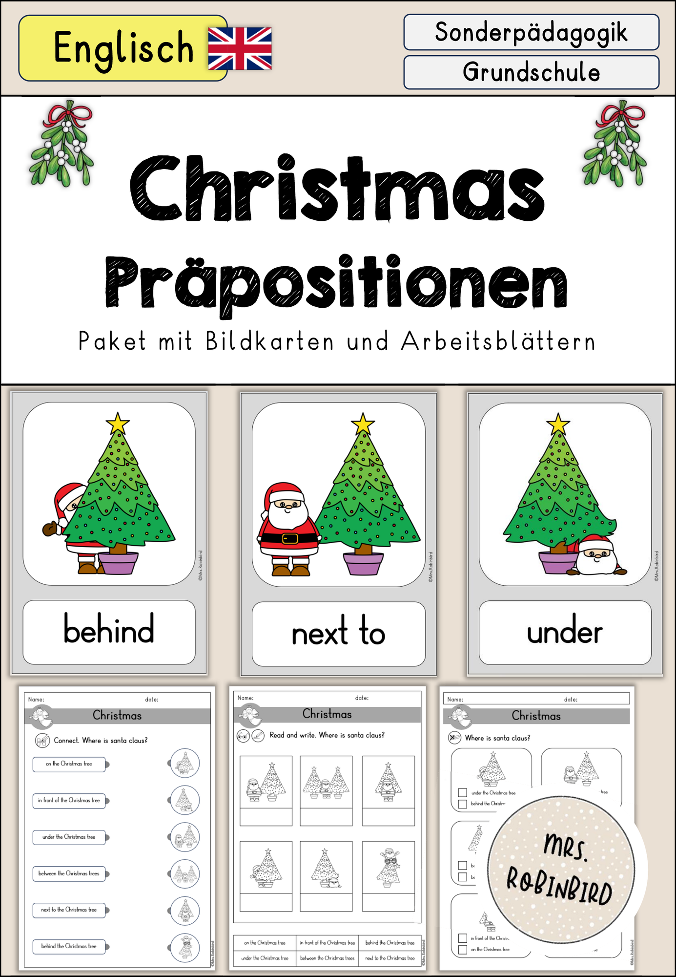 christmas weihnachten präpositionen prepositions bildkarten &  arbeitsblätter - englisch