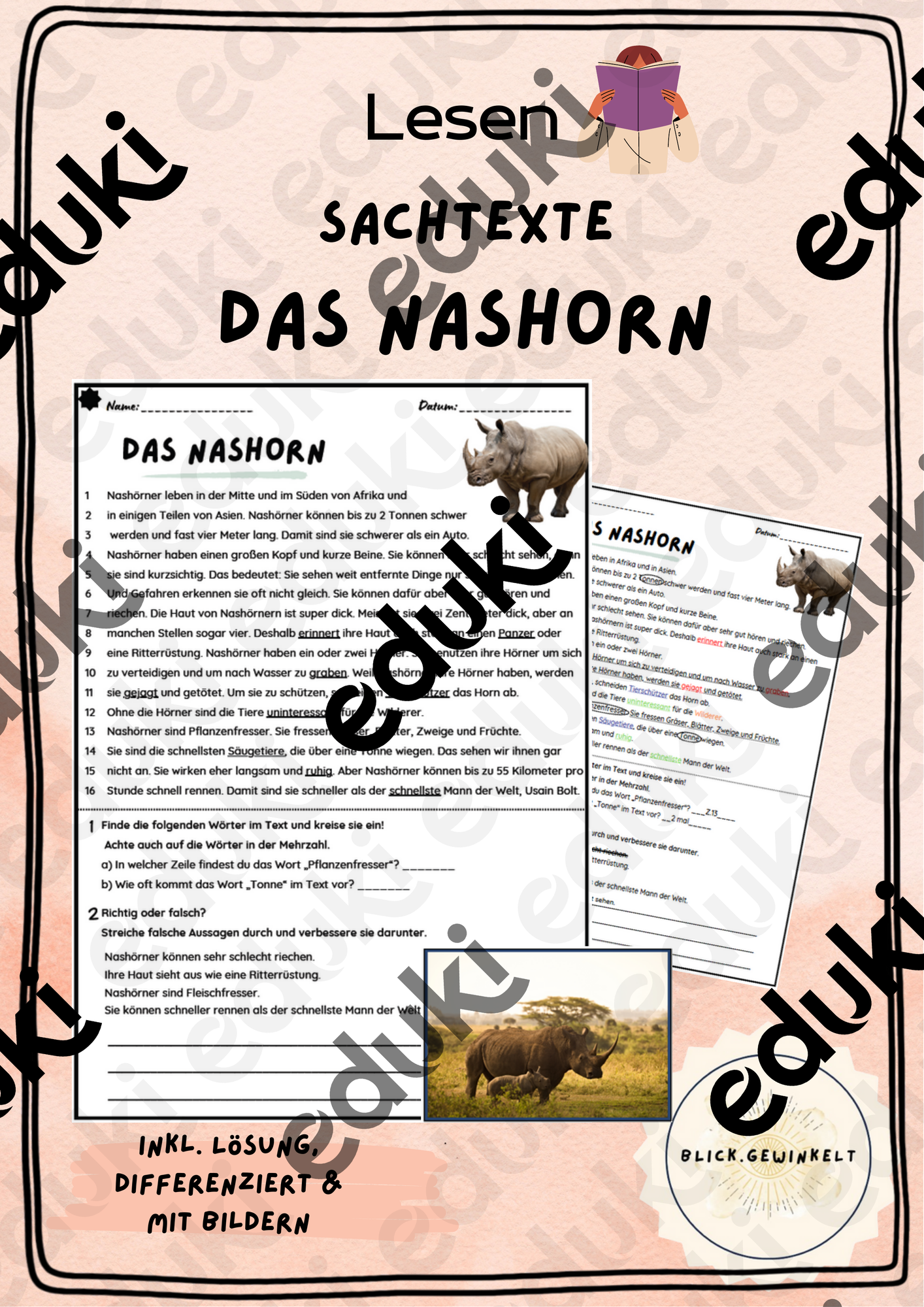Differenzierter Lesetext zum Nashorn – Unterrichtsmaterial im Fach Deutsch