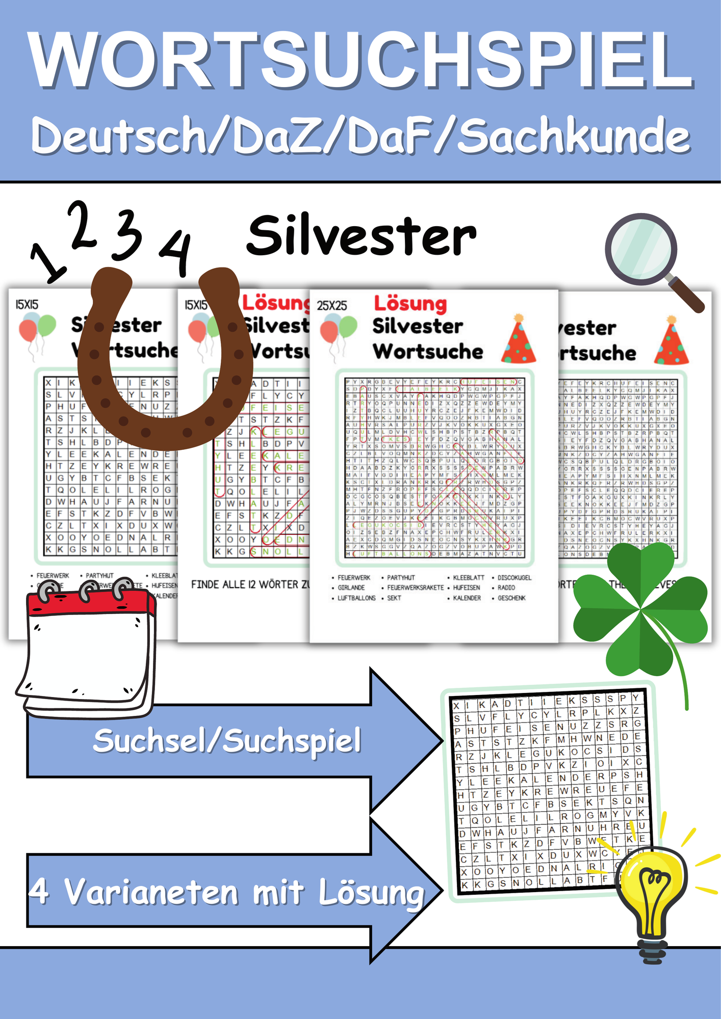 wort suche spiel Wortsuchspiel/Wortsuche/Suchsel Silvester (Grundschule) - 4 Varianten