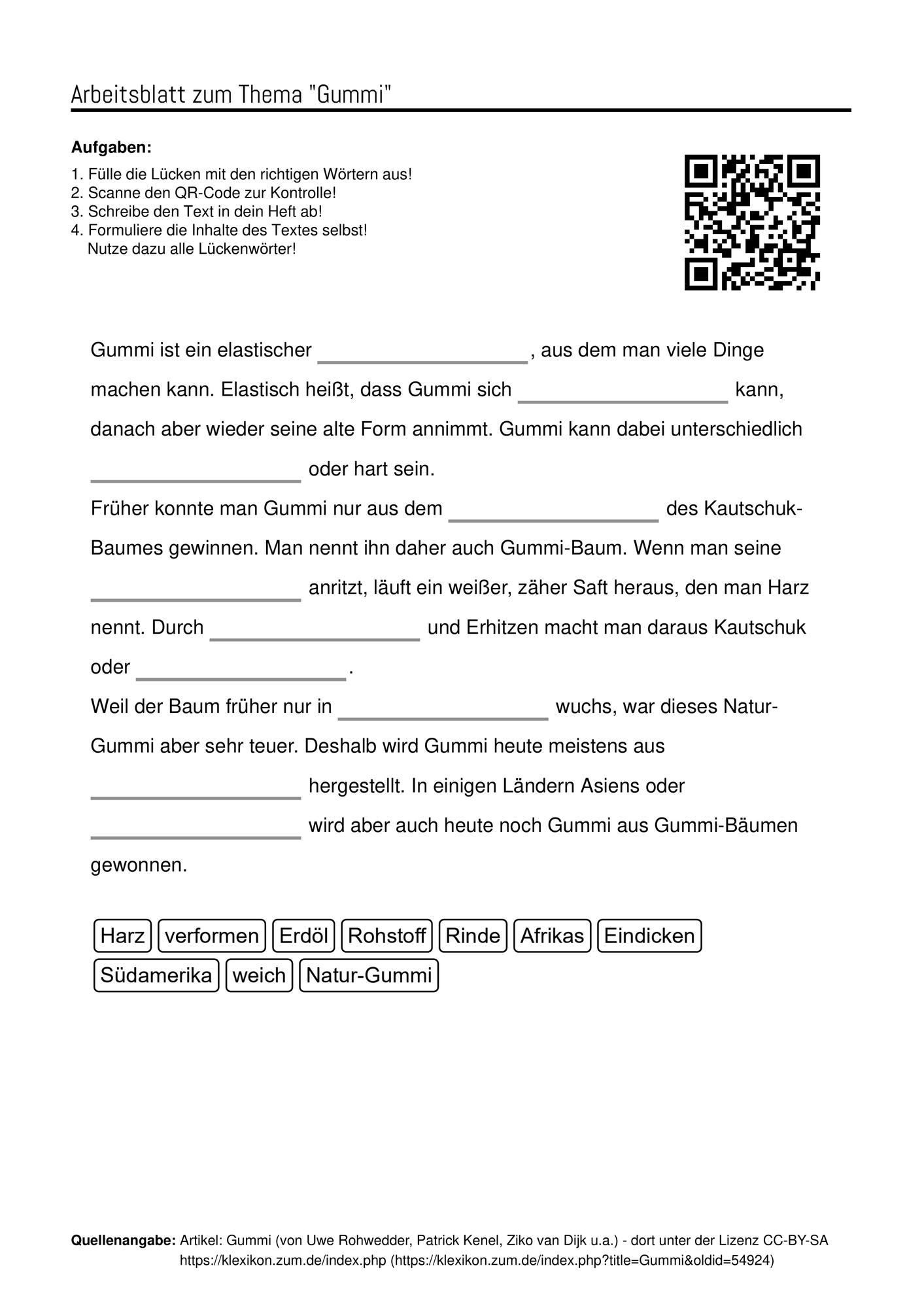 Arbeitsbltter zum Thema "Gummi" + Lsung & MP3 +  Unterrichtsmaterial in  den Fchern Erdkunde & Deutsch & DaZ/DaF
