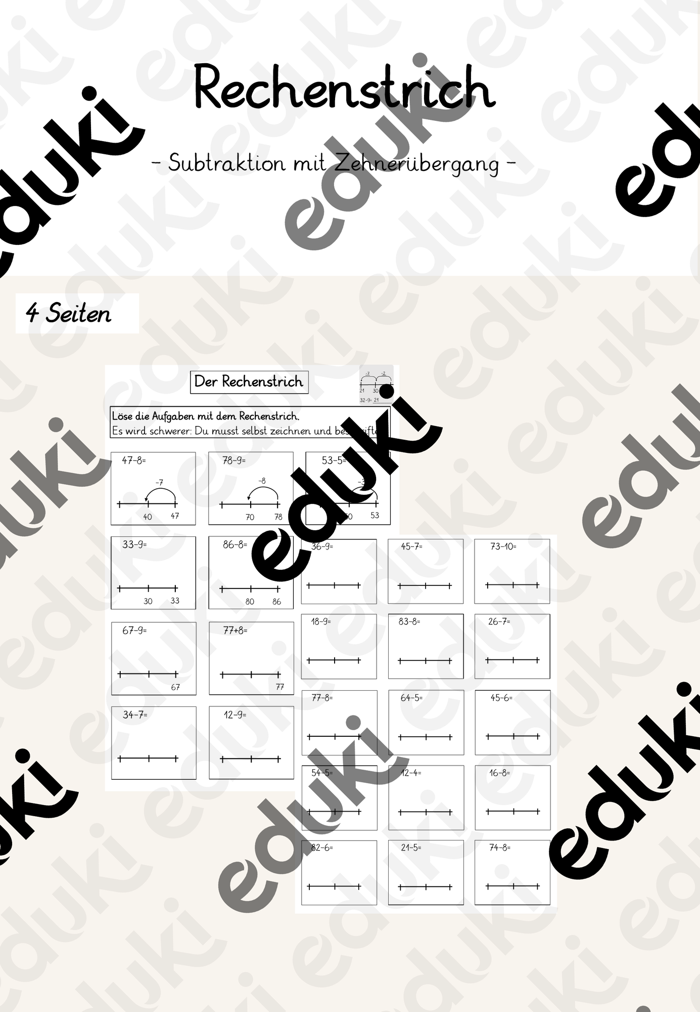 Rechenstrich Subtraktion mit Zehnerübergang - Arbeitsblatt