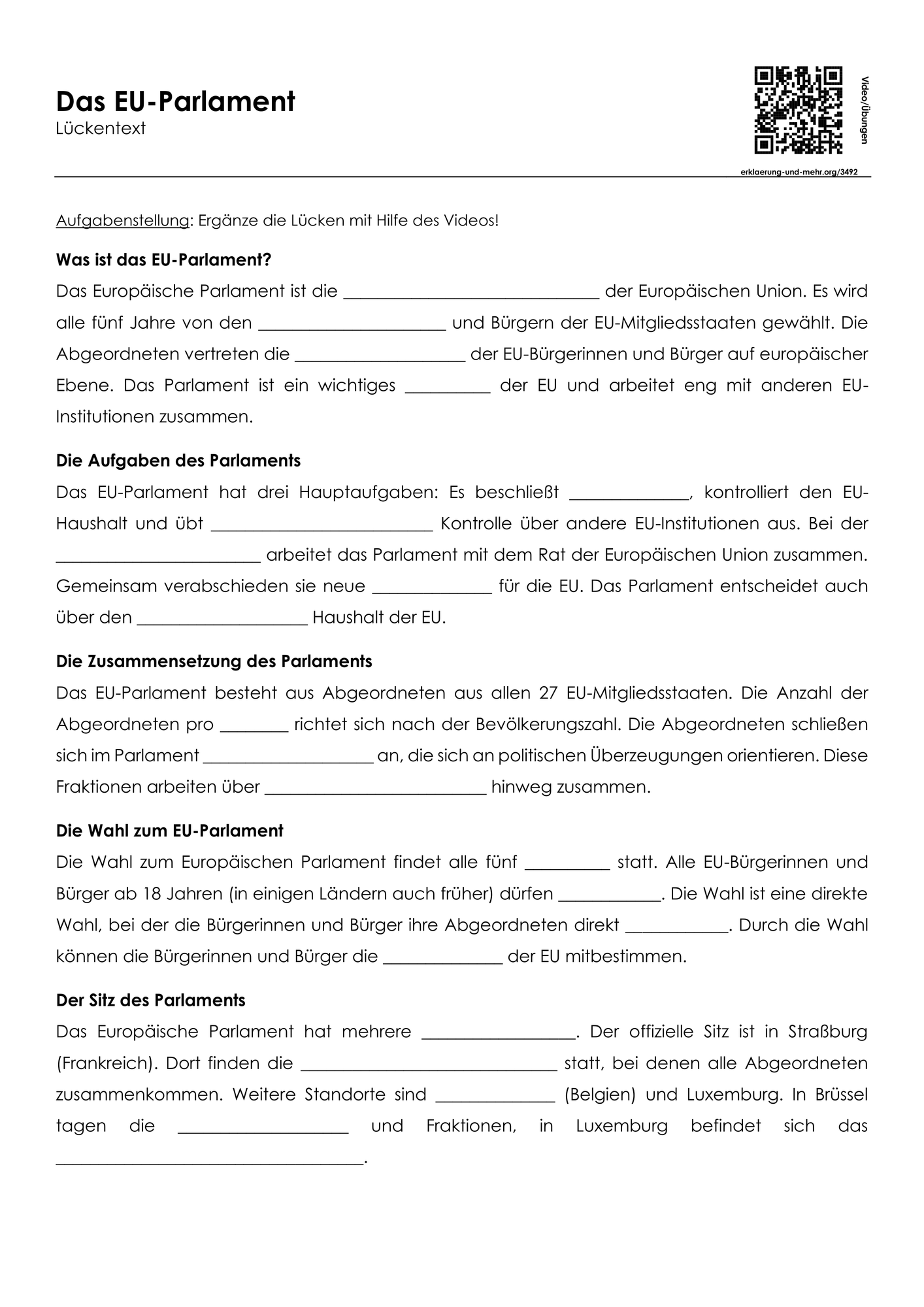 Das EU-Parlament (Lückentext, Übungen, Erklärvideo
