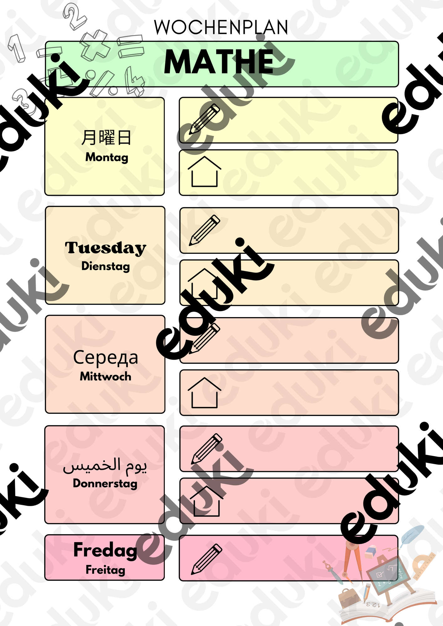 Wochenplan Mathe DaZ – Unterrichtsmaterial in den Fächern DaZ/DaF