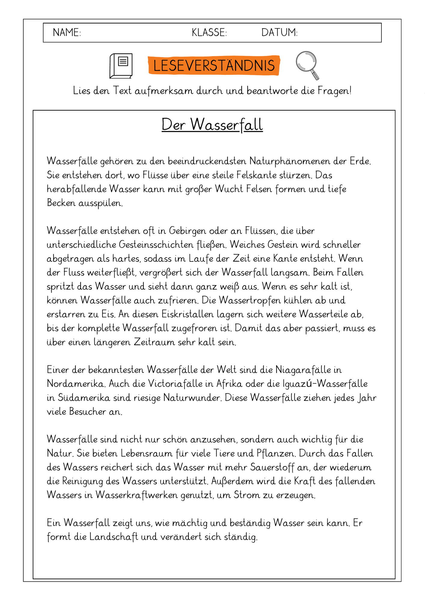 Leseverständnis 4. Klasse "Der Wasserfall" – Unterrichtsmaterial im