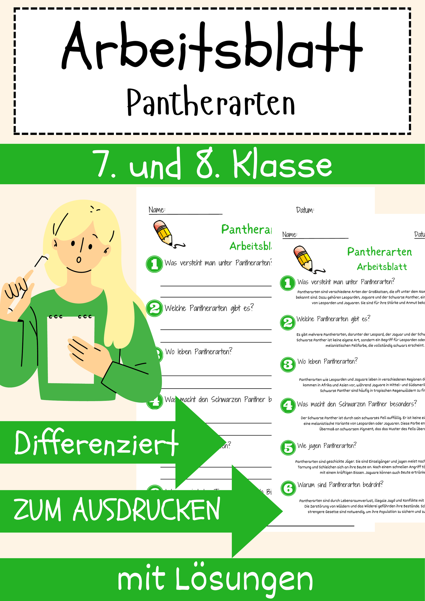Pantherarten Arbeitsblatt 7. & 8. Klasse Großkatzen AB mit Lösungen ...