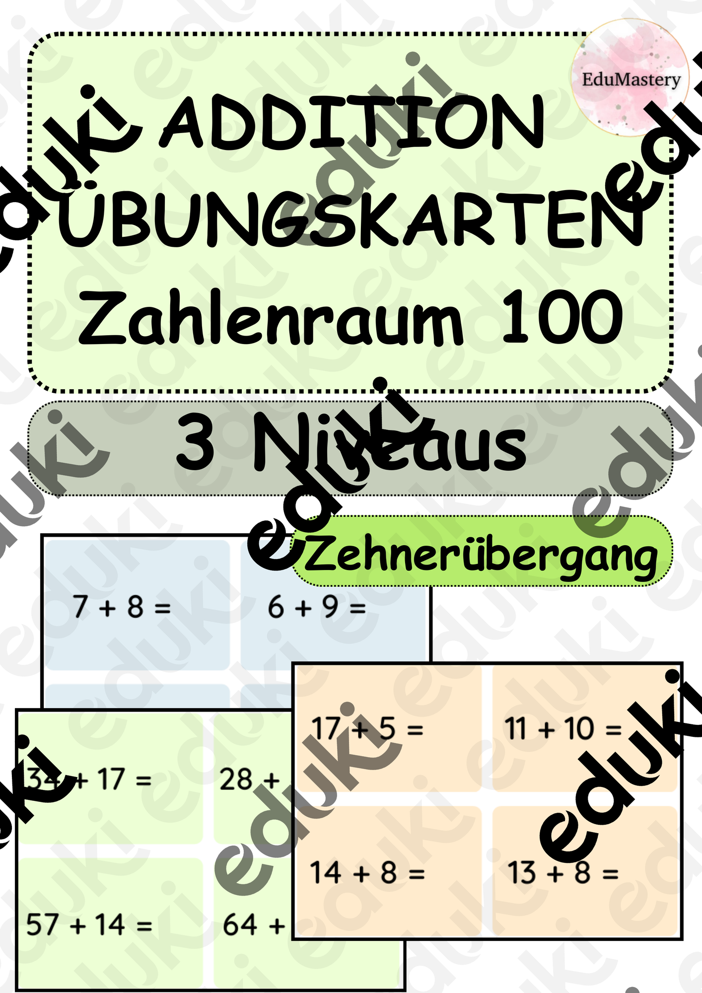 Addition mit Zehnerübergang - Übungskarten - differenziert