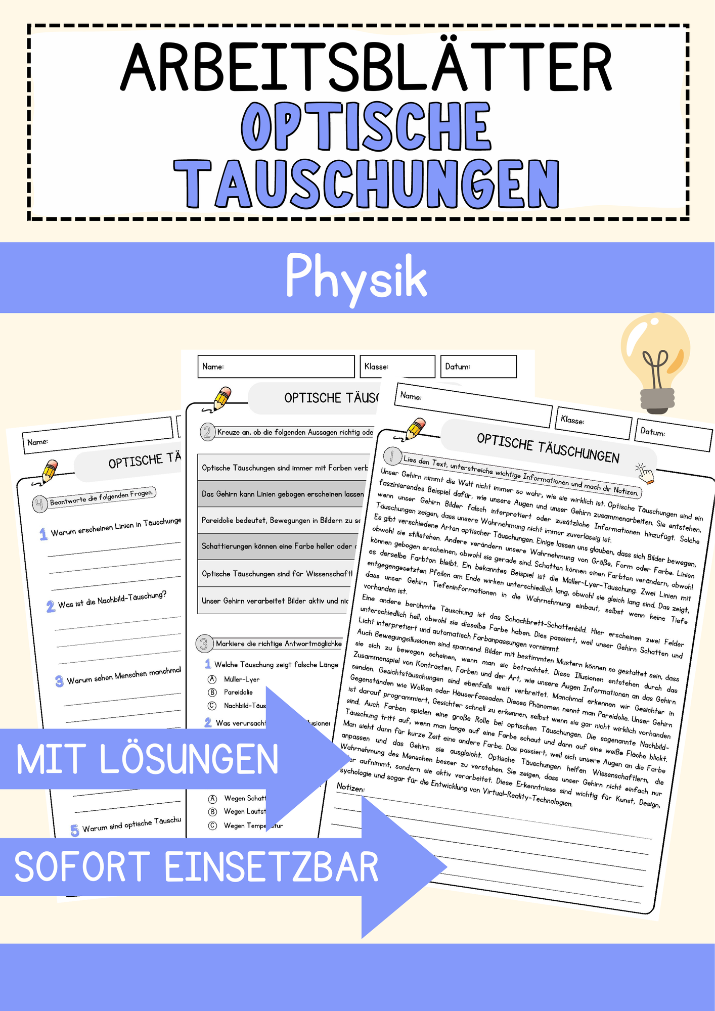 Optische Taeuschungen Physik Arbeitsblätter mit Lösungen Lesetext