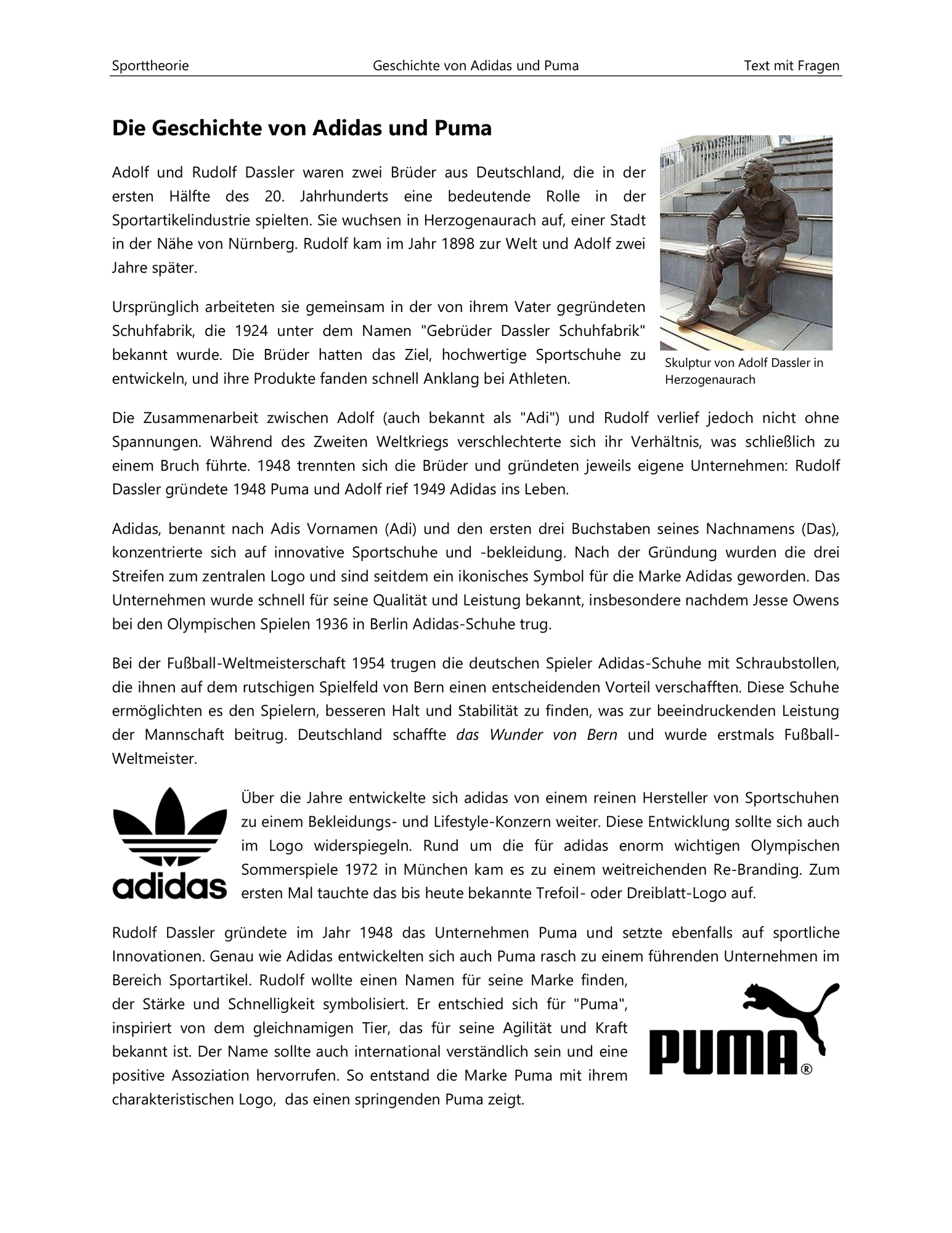 Brüder Dassler (Adidas und Puma) Text mit Fragen