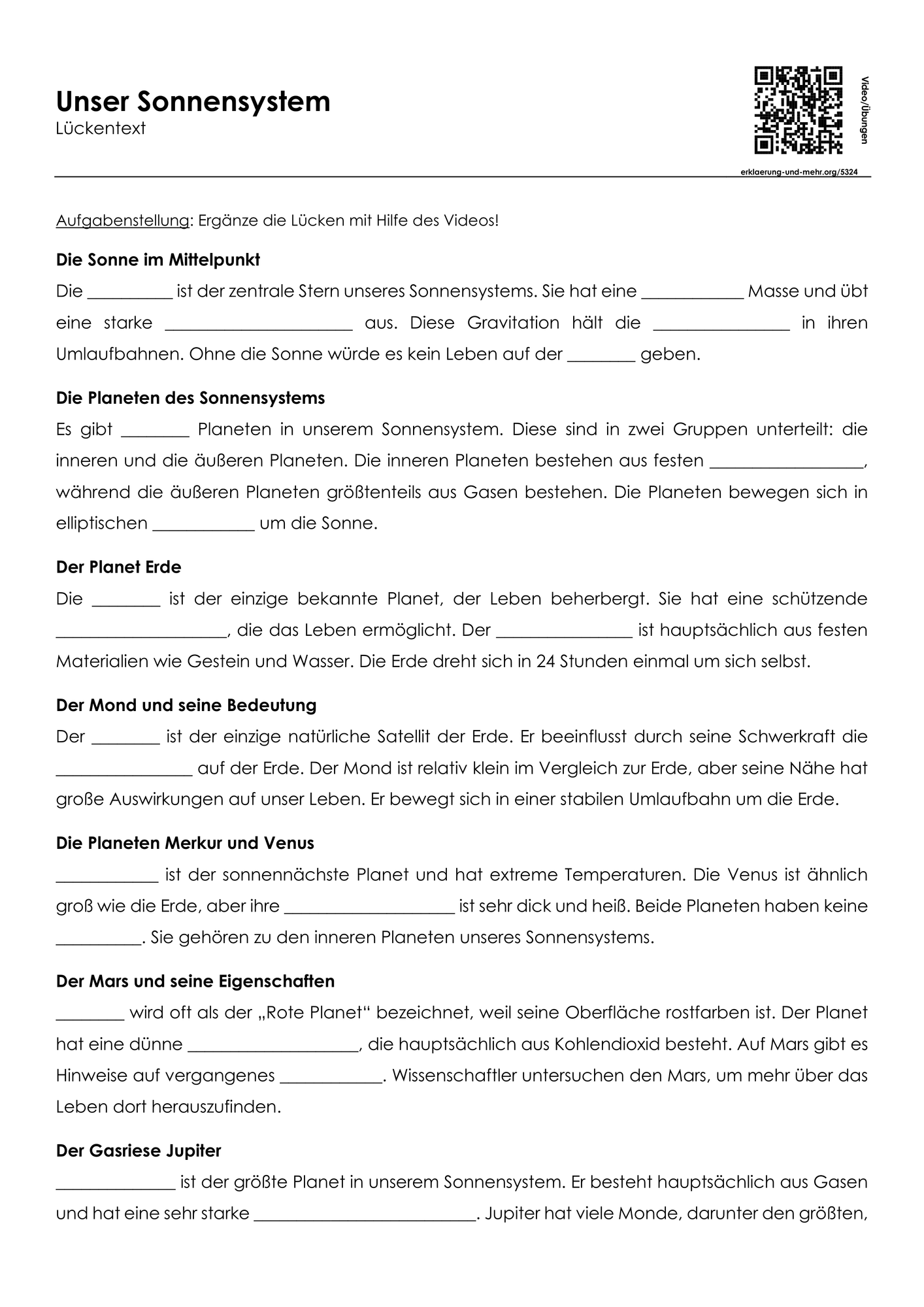Unser Sonnensystem (Lückentext und Übungen) – Unterrichtsmaterial im