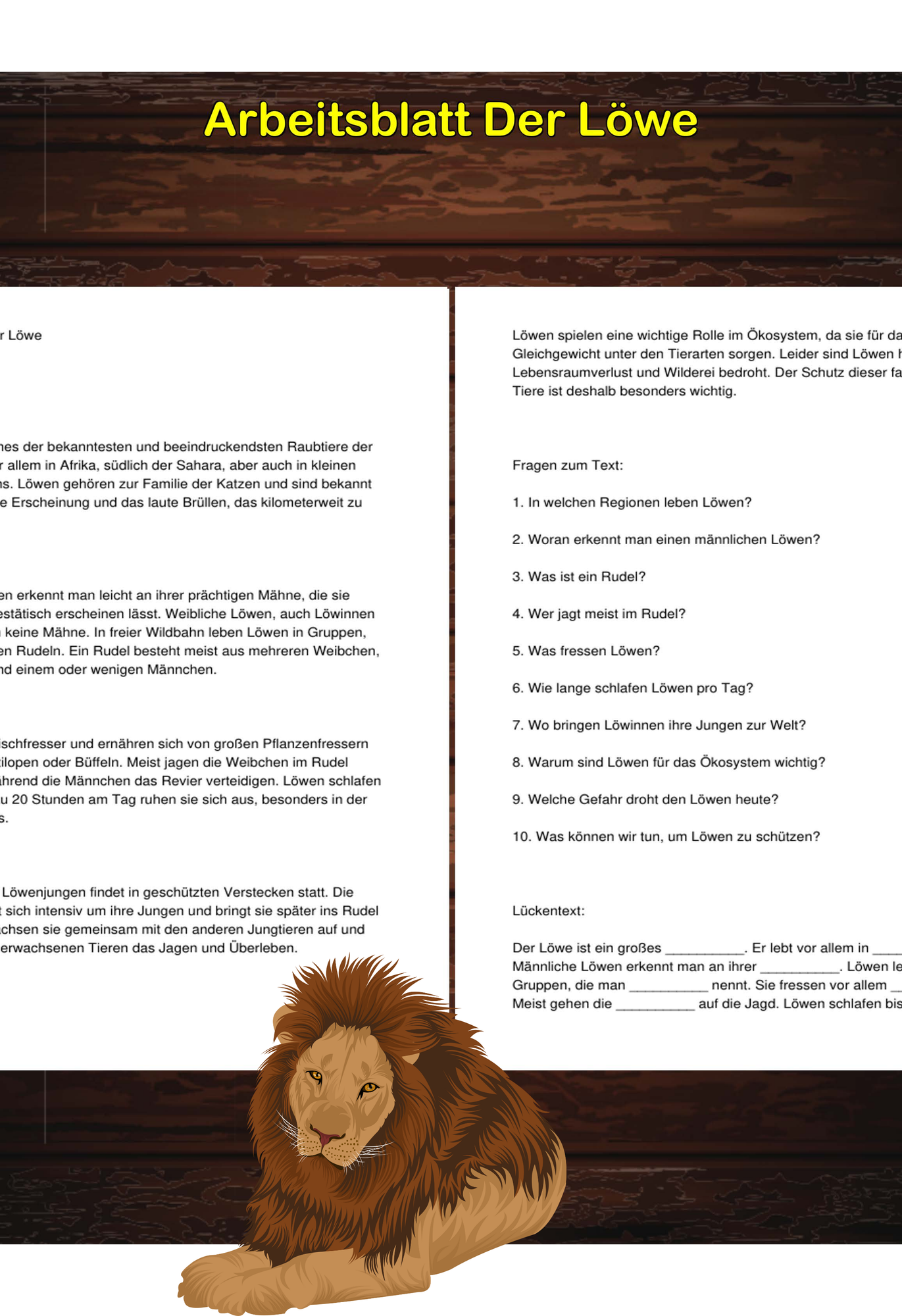Arbeitsblatt - Der Löwe - Tiere lernen - 2. - 4. Klasse