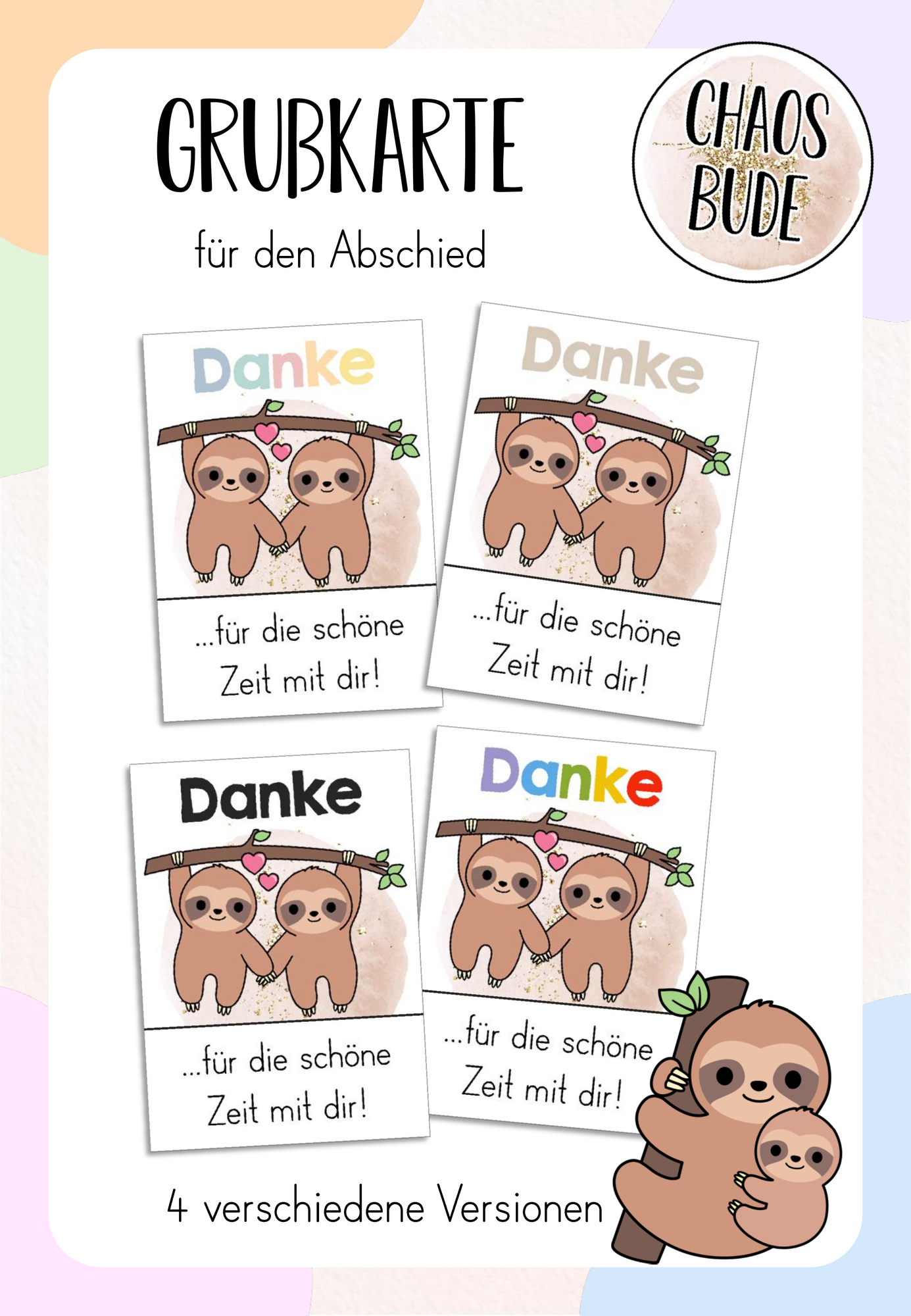 Grußkarte zum Abschied für die Faultierklasse – Unterrichtsmaterial im ...