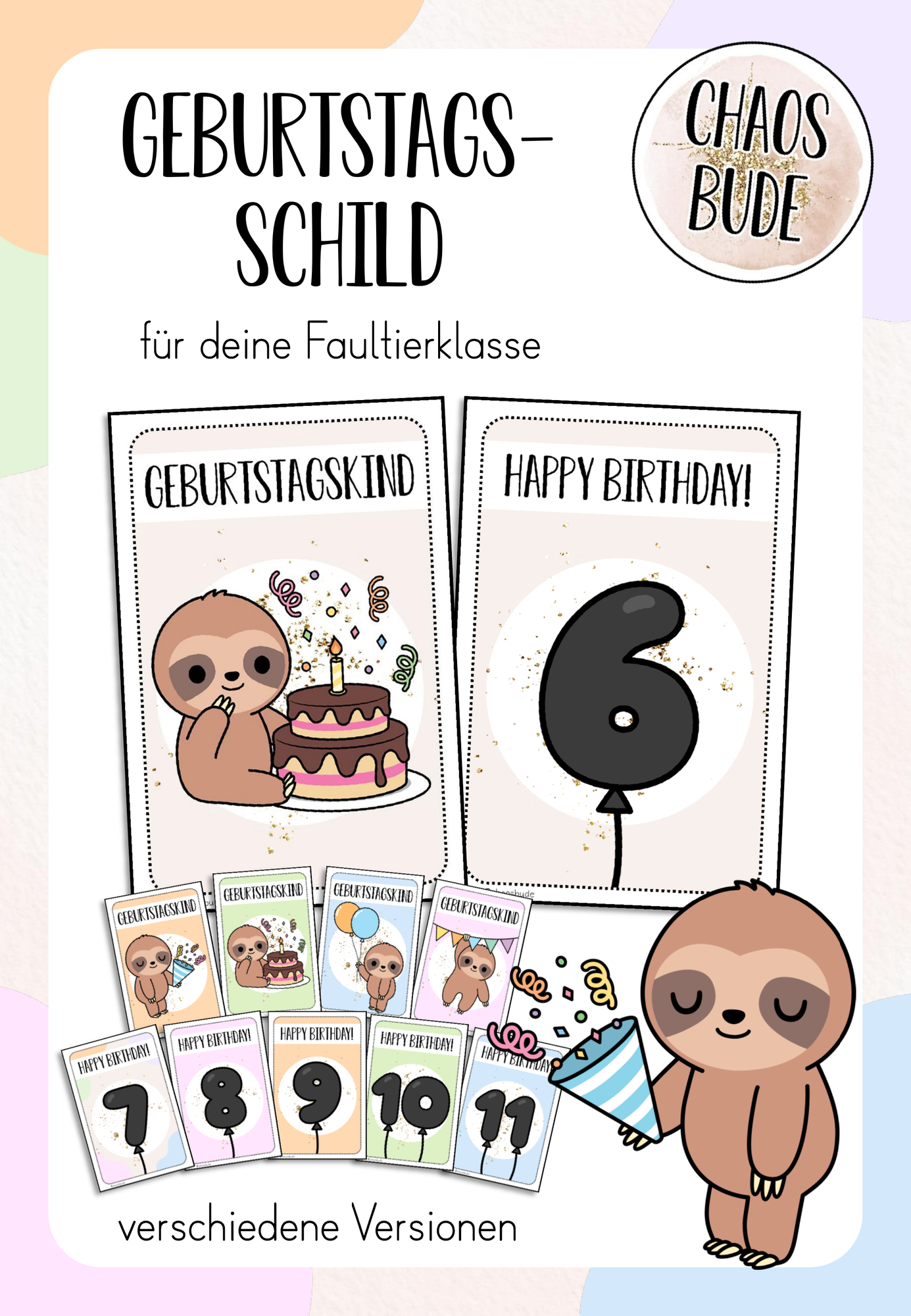 Geburtstagsschild für deine Faultierklasse – Unterrichtsmaterial im ...