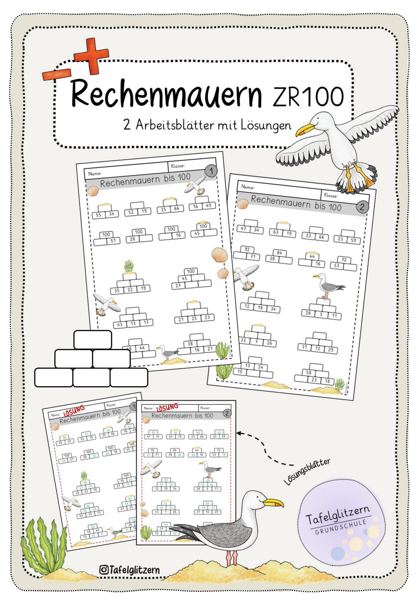 Rechenmauern ZR100 (Zahlenraum 100 mit Zehnerübergang