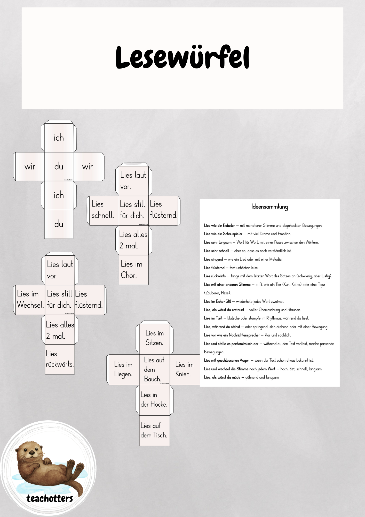 Lesewürfel (Ich-Du-Wir, Leseaufträge) + Ideensammlung zum Lesen