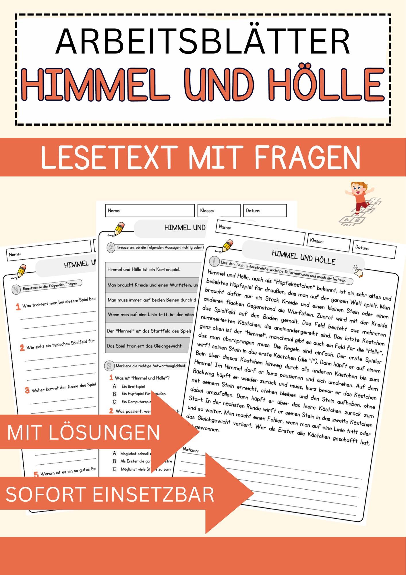 Himmel und Hölle Arbeitsblätter mit Fragen + Lösungen Lesetraining