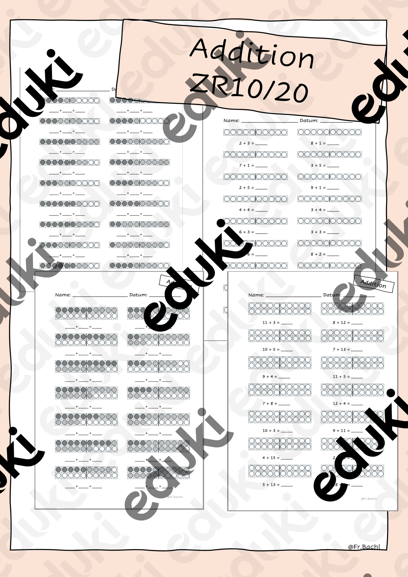 Addition ZR 10, ZR 20 - mit Rechenhilfe - Zahlenraum 10 / 20