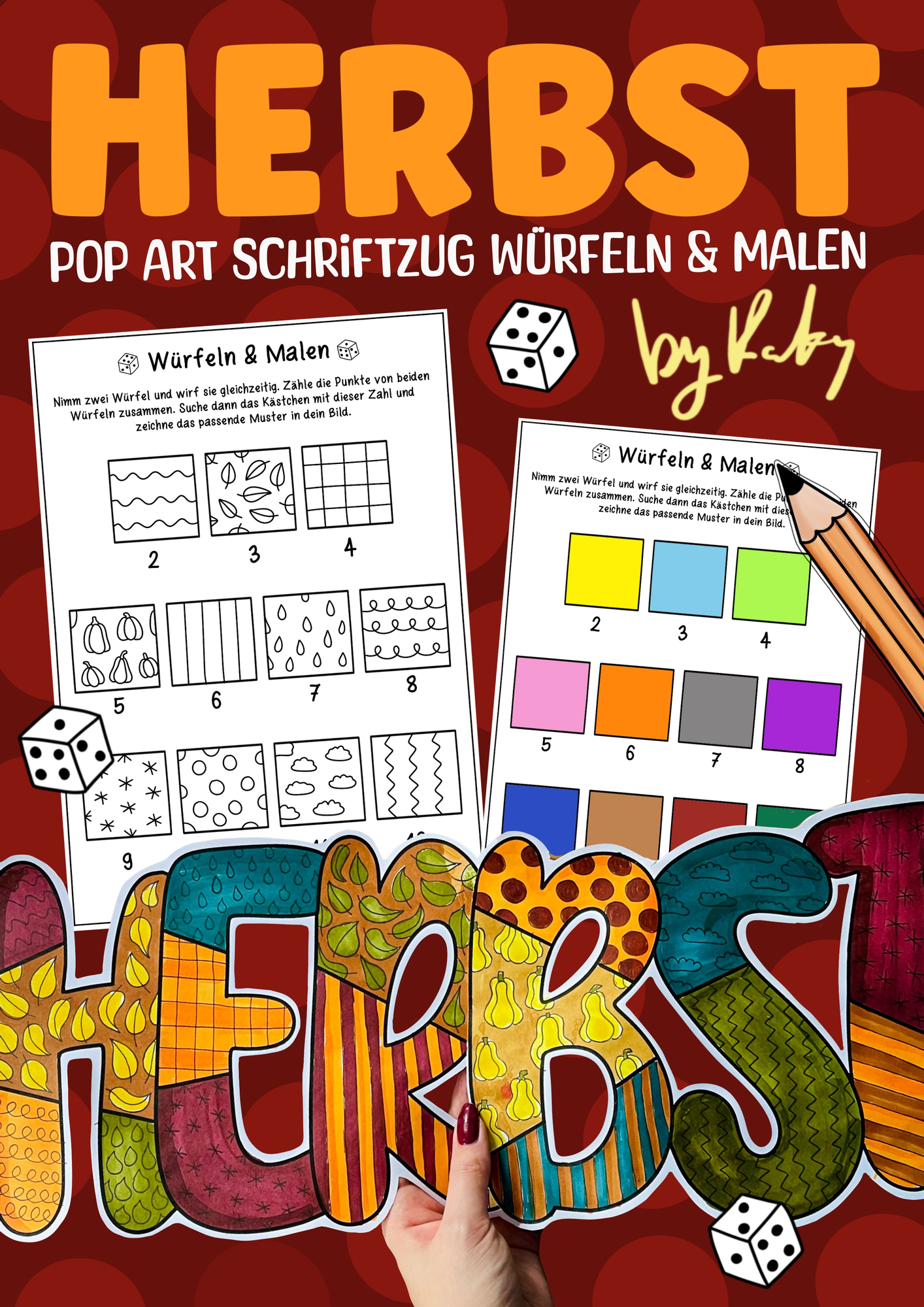 Herbst Pop Art Schriftzug zum Würfeln & Malen - Schnelle Kunstidee