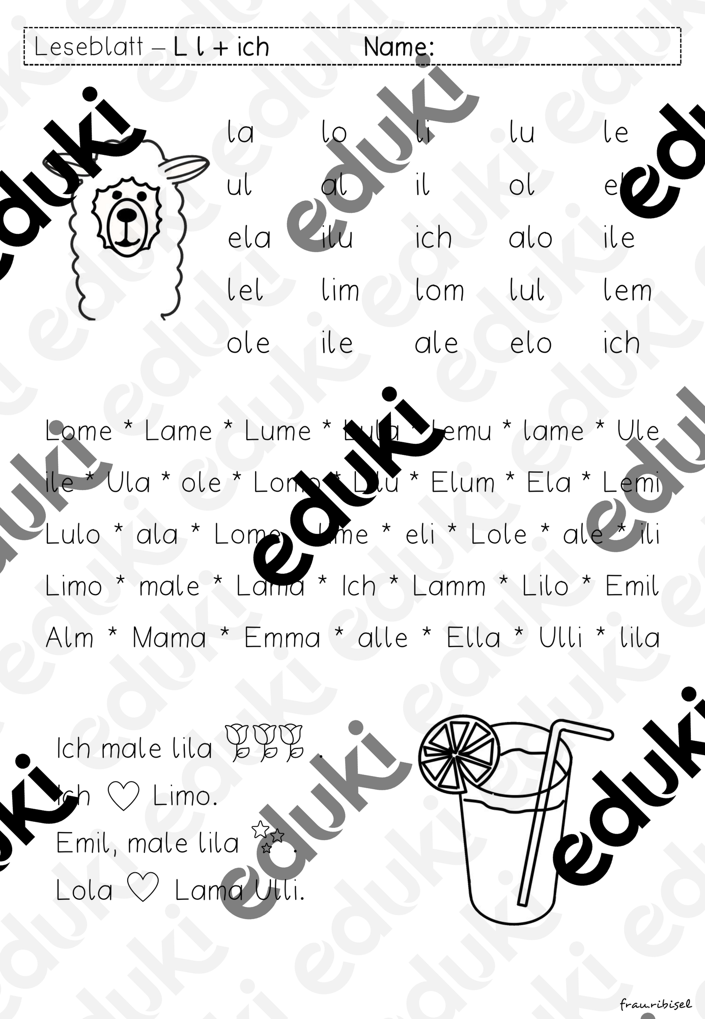 Leseblatt L l + Ganzwort "Ich" für Klasse 1 – Unterrichtsmaterial im