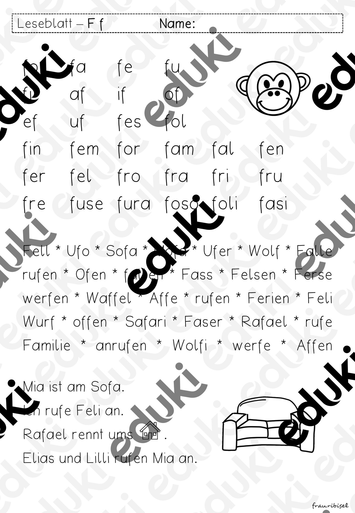 Leseblatt F f für Klasse 1 – Unterrichtsmaterial im Fach Deutsch