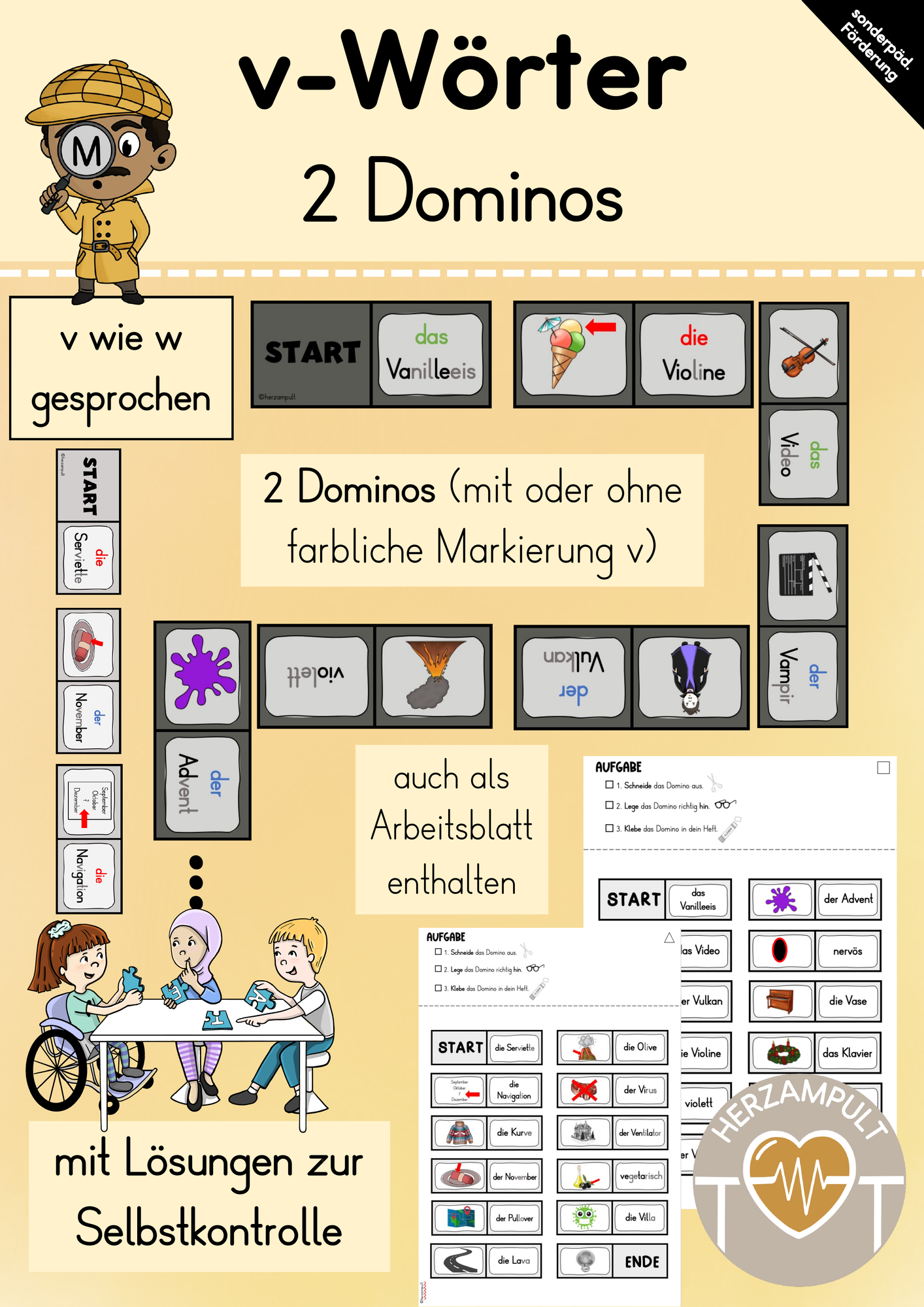 Domino: v-Wörter (v wie Vase, wie w ausgesprochen