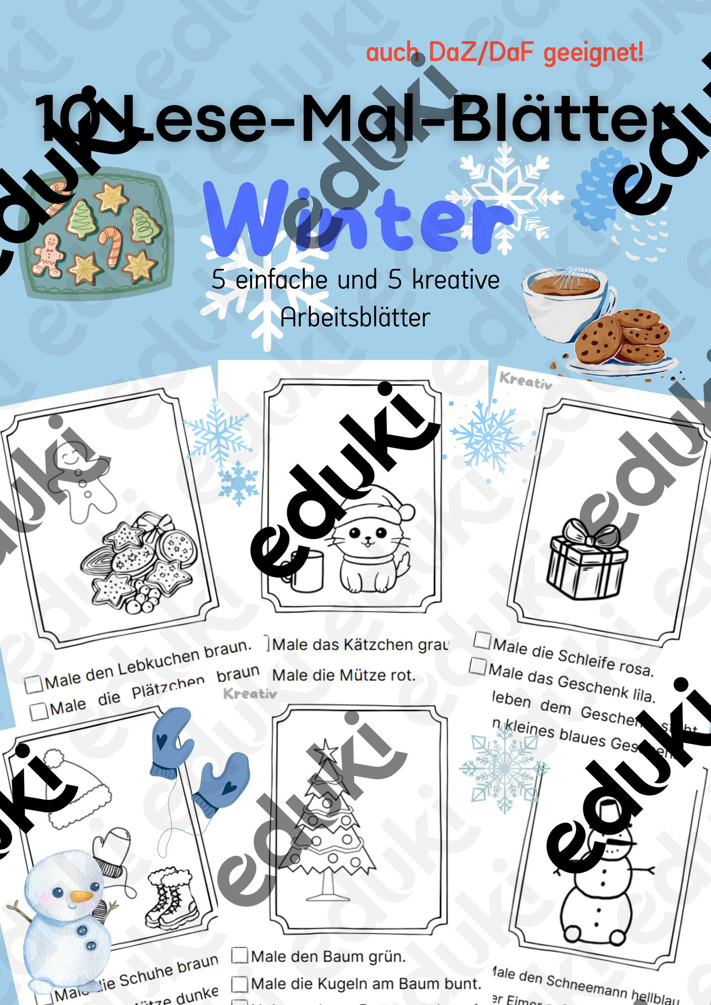 10 Lese-Mal-Blätter Winter Grundschule DaZ DaF – Unterrichtsmaterial in