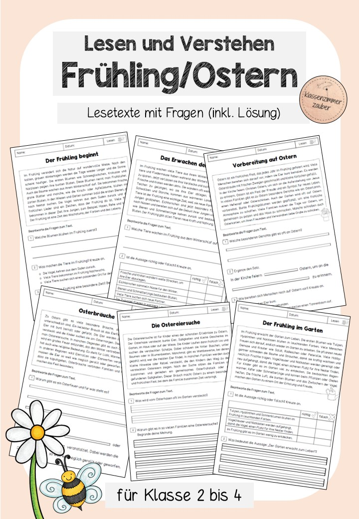 Frühling/Ostern - Lesetexte mit Fragen (inkl. Lösung) für Klasse 2 bis