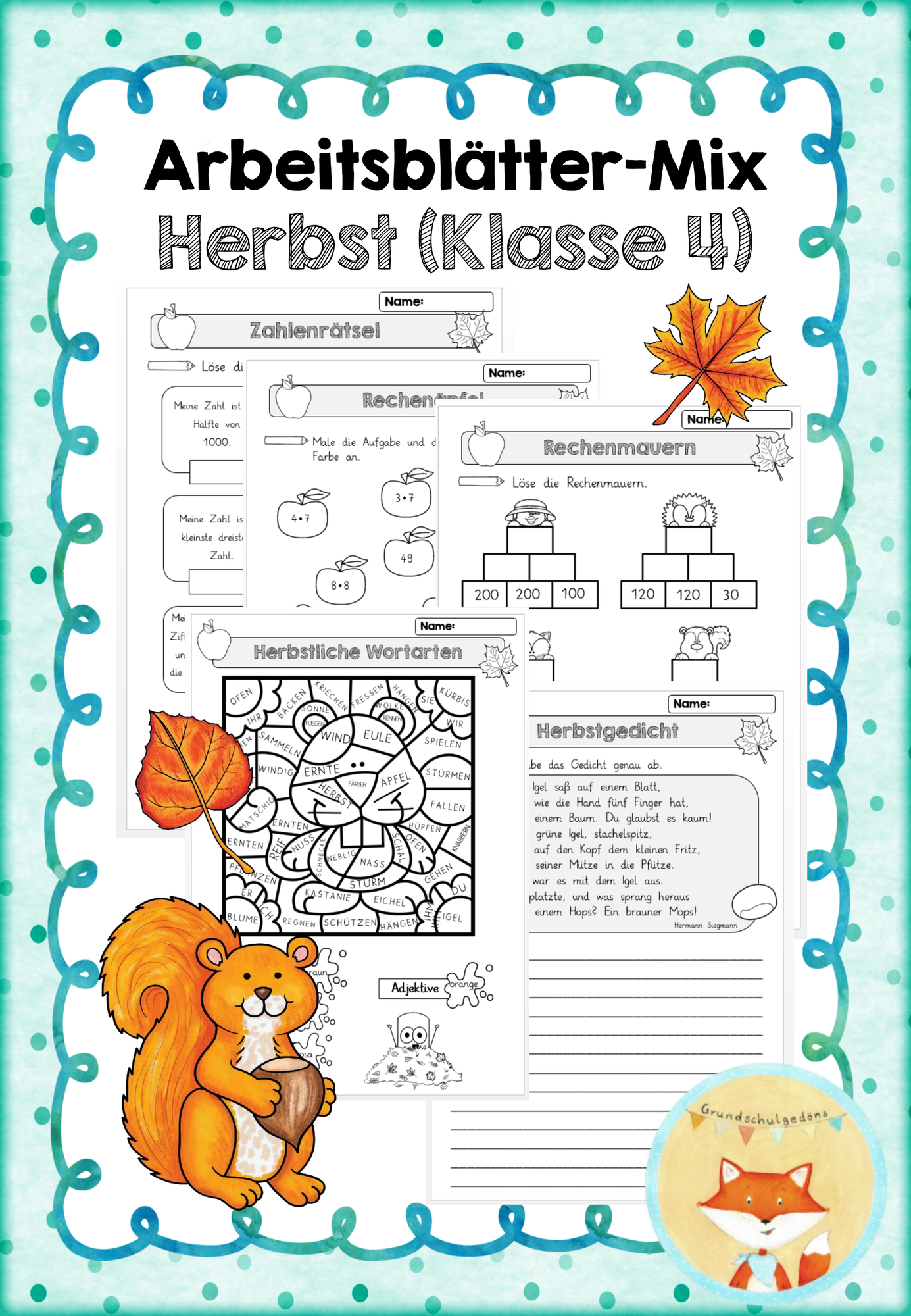 Herbst-Arbeitsblätter-Mix (Mathe und Deutsch; Klasse 4 ...