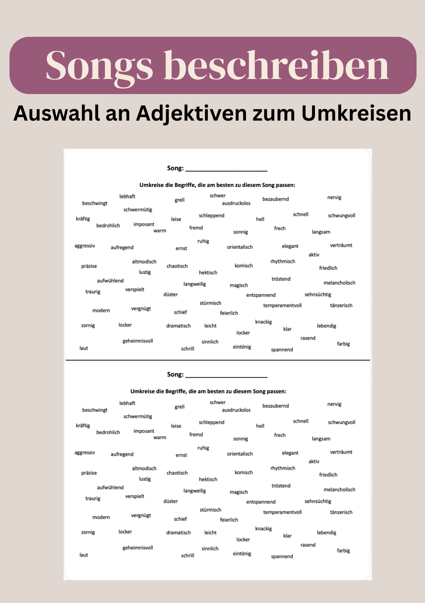 Adjektive um Songs beschreiben – Unterrichtsmaterial im Fach Musik