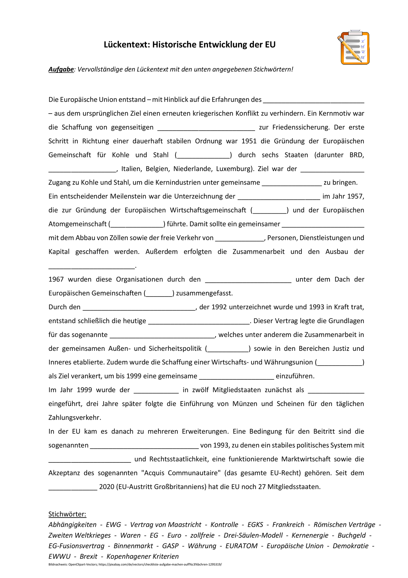 Lückentext: Historische Entwicklung der EU – Unterrichtsmaterial im