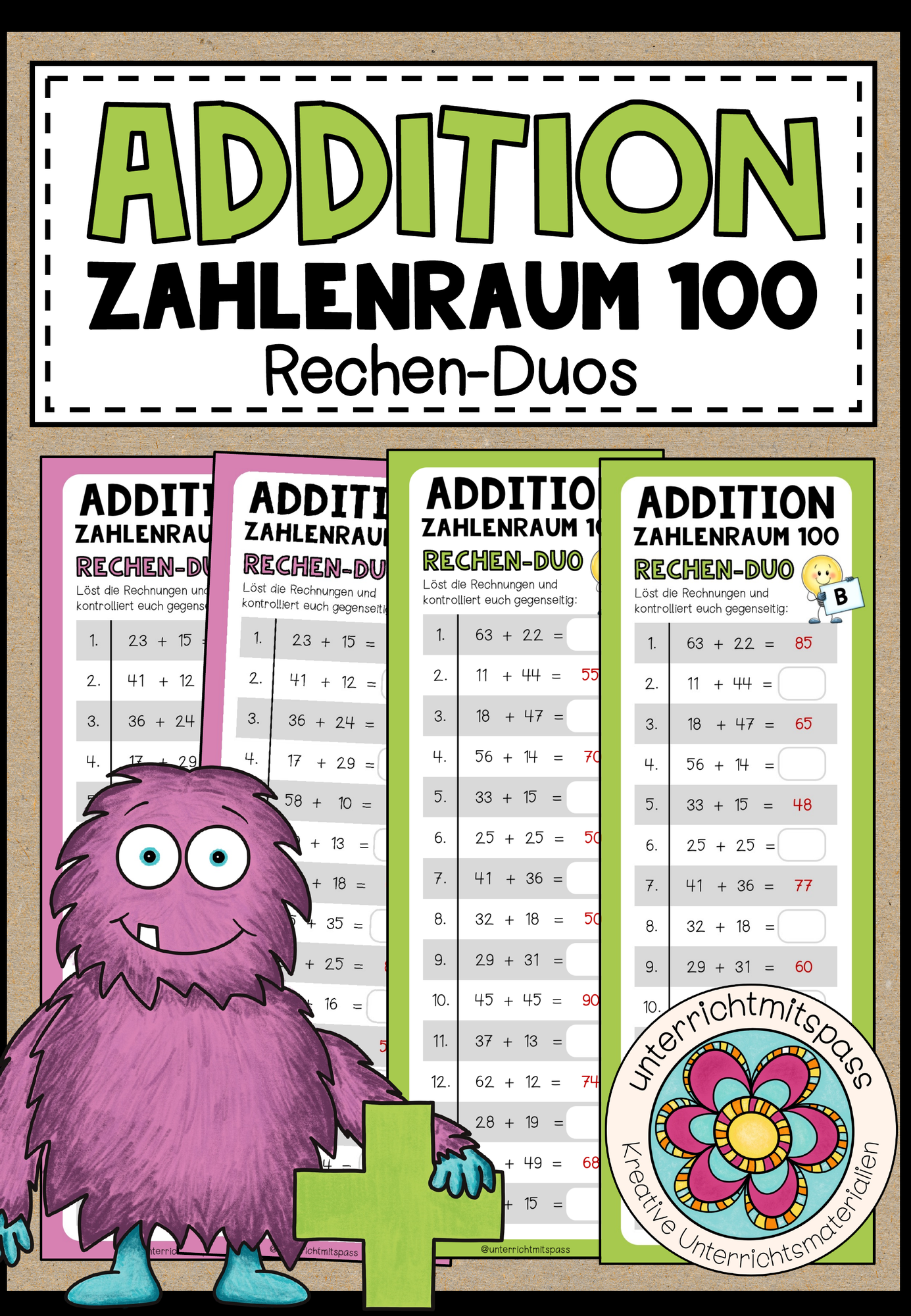 ADDITION (Zahlenraum 100) - 3 Rechen-Duos – Unterrichtsmaterial im Fach