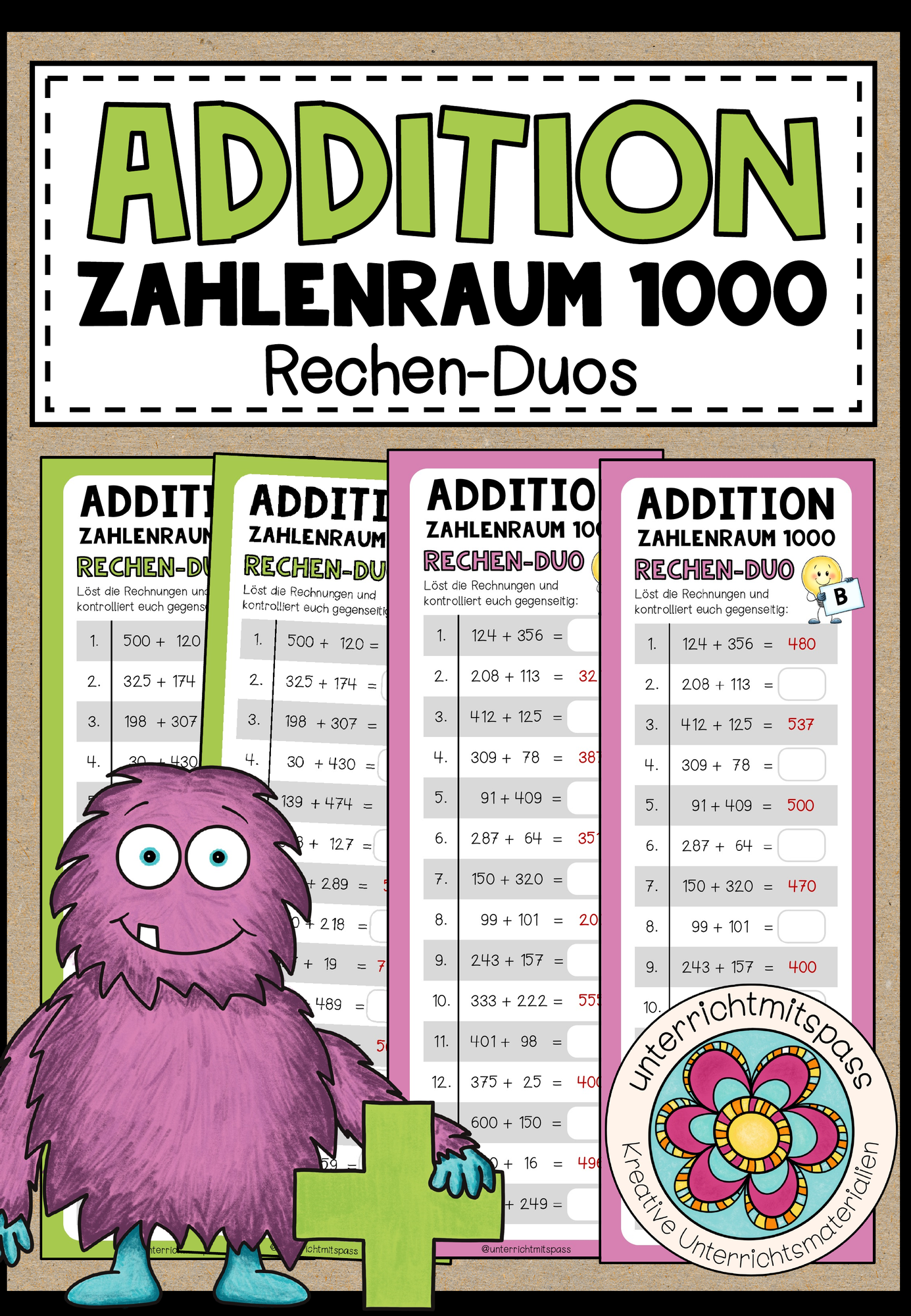 ADDITION (Zahlenraum 1000) - 3 Rechen-Duos – Unterrichtsmaterial im