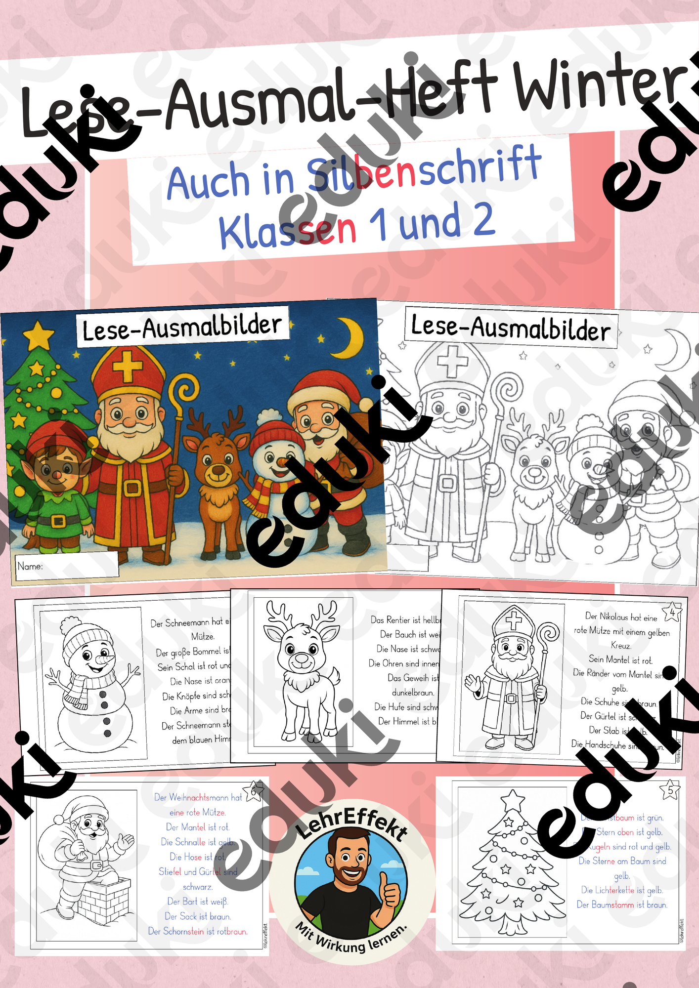 Lese-Ausmalbilder - Winter Klasse 1 und 2 - Heft – Unterrichtsmaterial