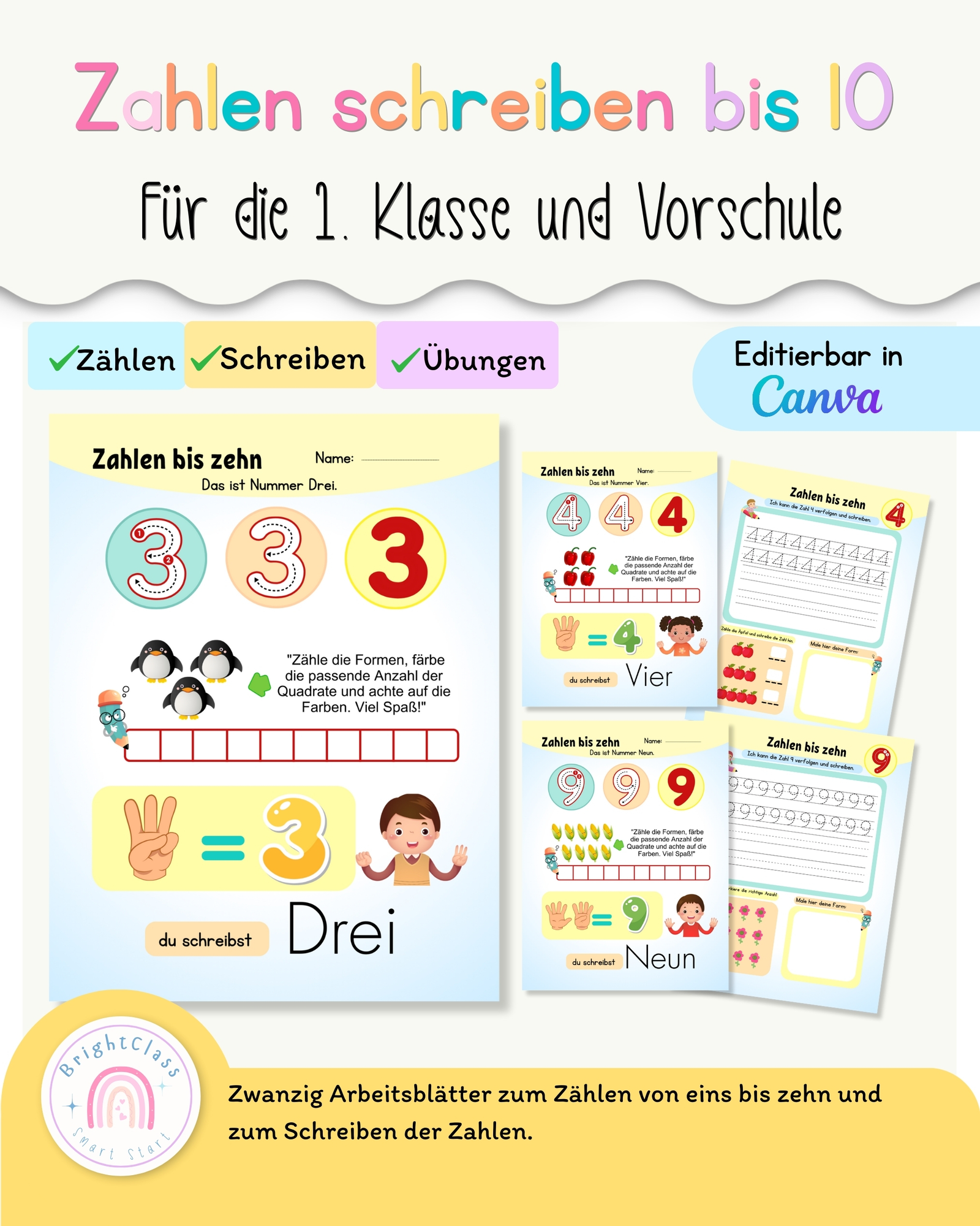 Zahlen von 1 bis 10 – Lern- & Schreibarbeitsblätter (20 Seiten